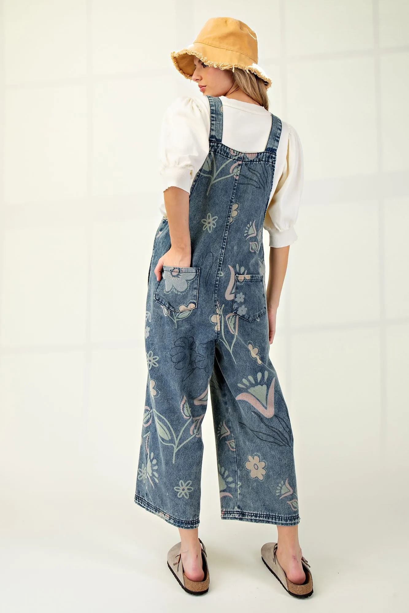 Easel Washed Floral Print Jumpsuit in Vintage Denim