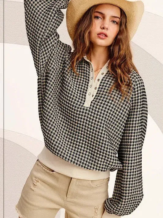 Edgy is My Style Two-Tone Textured Collared Pullover Top