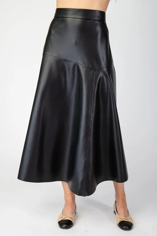 Faux Leather Midi Skirt - Black