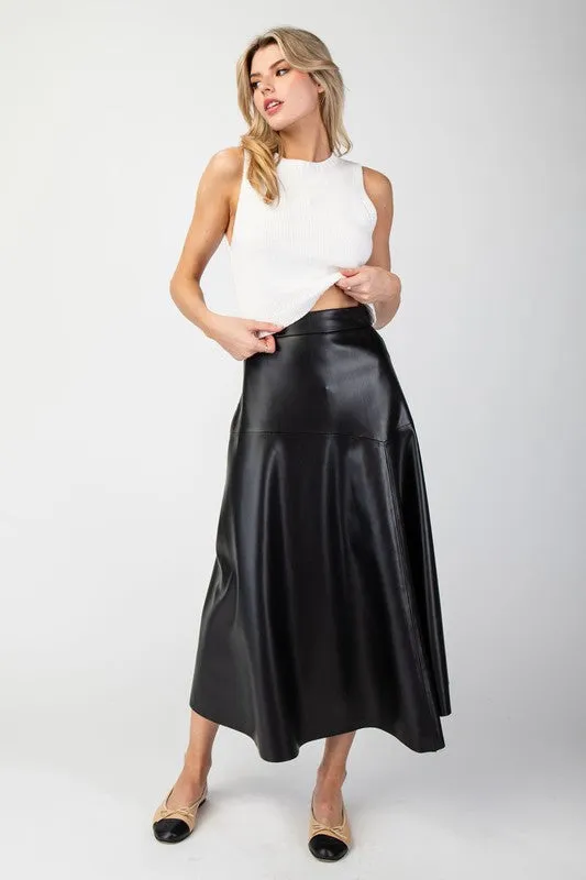 Faux Leather Midi Skirt - Black