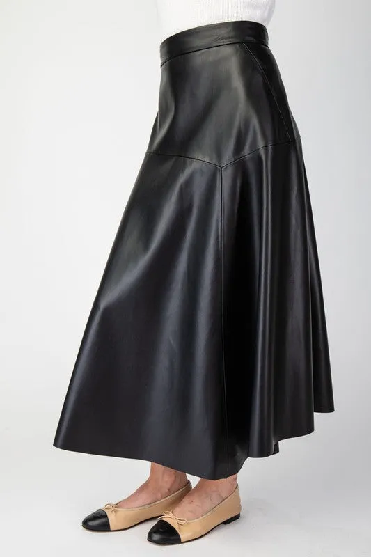 Faux Leather Midi Skirt - Black