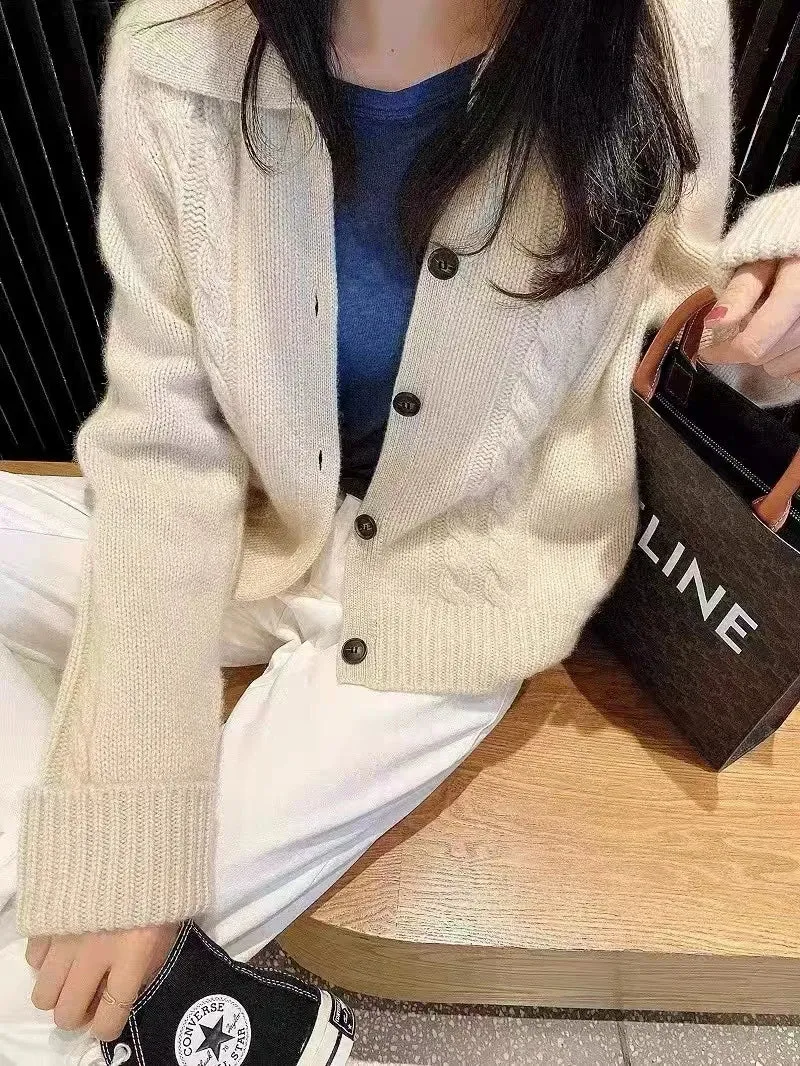 Flytonn-Autumn and winter 100% pure cashmere women's cardigan thick knit Polo lapel knit cardigan women's V-neck loose sweater coat