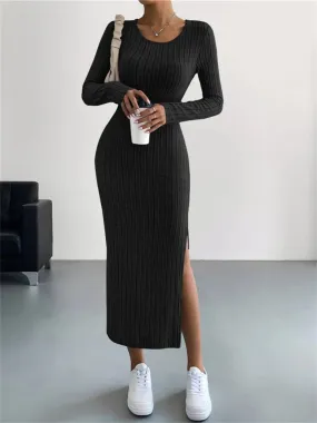 Flytonn-Graduation Gift Back to School Season Summer Vacation Dress Spring Outfit Explosive New Fall and Winter Long-sleeved Round Neck Split Knit Long Slim Some Elegant Wind Dresses for Women