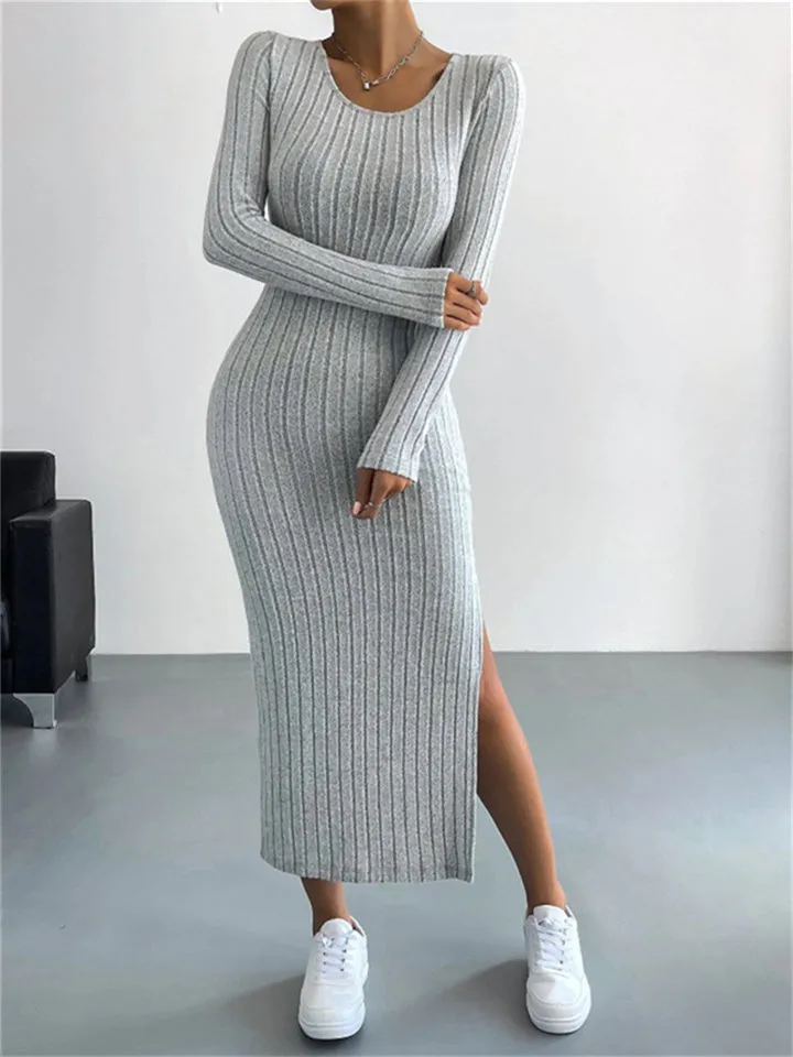 Flytonn-Graduation Gift Back to School Season Summer Vacation Dress Spring Outfit Explosive New Fall and Winter Long-sleeved Round Neck Split Knit Long Slim Some Elegant Wind Dresses for Women