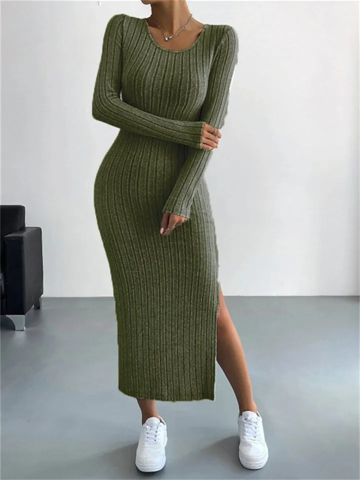 Flytonn-Graduation Gift Back to School Season Summer Vacation Dress Spring Outfit Explosive New Fall and Winter Long-sleeved Round Neck Split Knit Long Slim Some Elegant Wind Dresses for Women