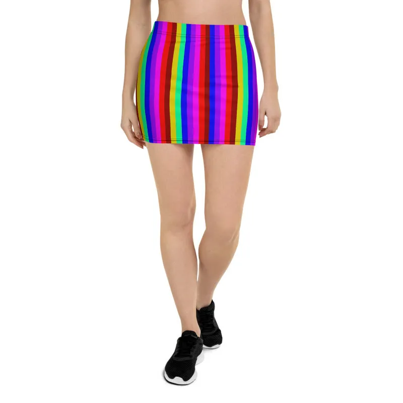 Gay Pride Rainbow Stripe Skirt, Vertical Striped Colorful Women's Mini Skirt-Made in USA/EU