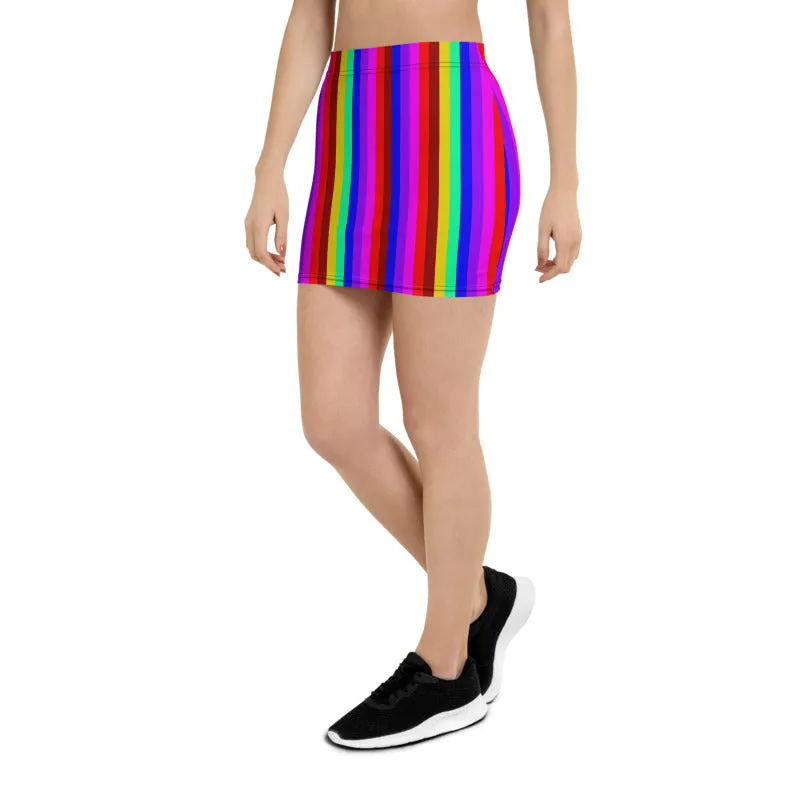 Gay Pride Rainbow Stripe Skirt, Vertical Striped Colorful Women's Mini Skirt-Made in USA/EU