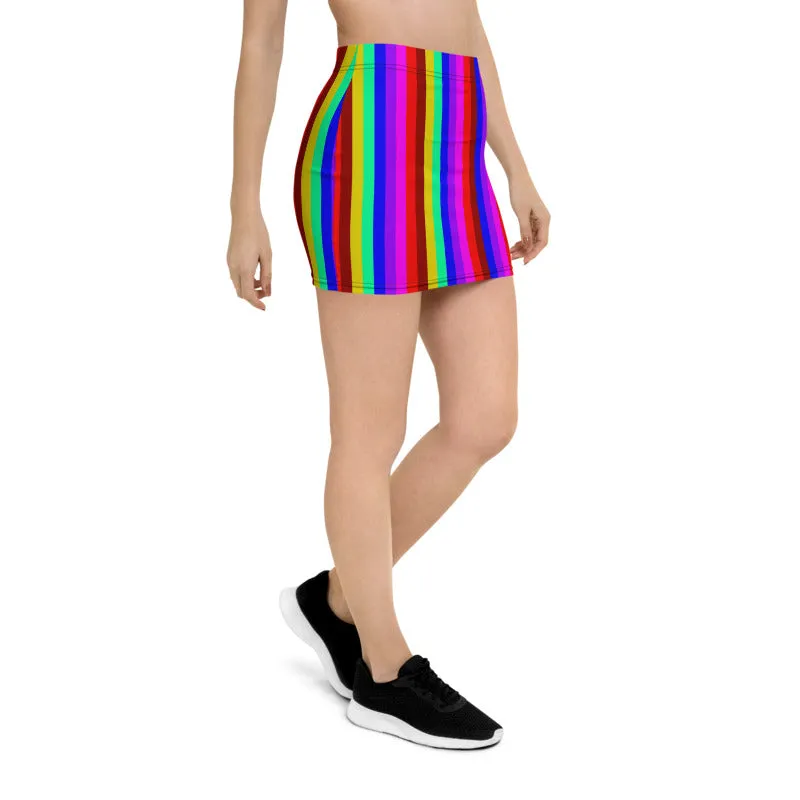 Gay Pride Rainbow Stripe Skirt, Vertical Striped Colorful Women's Mini Skirt-Made in USA/EU