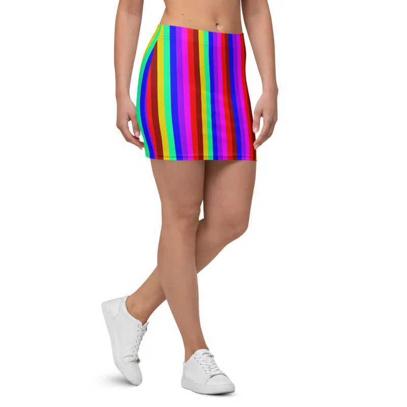 Gay Pride Rainbow Stripe Skirt, Vertical Striped Colorful Women's Mini Skirt-Made in USA/EU