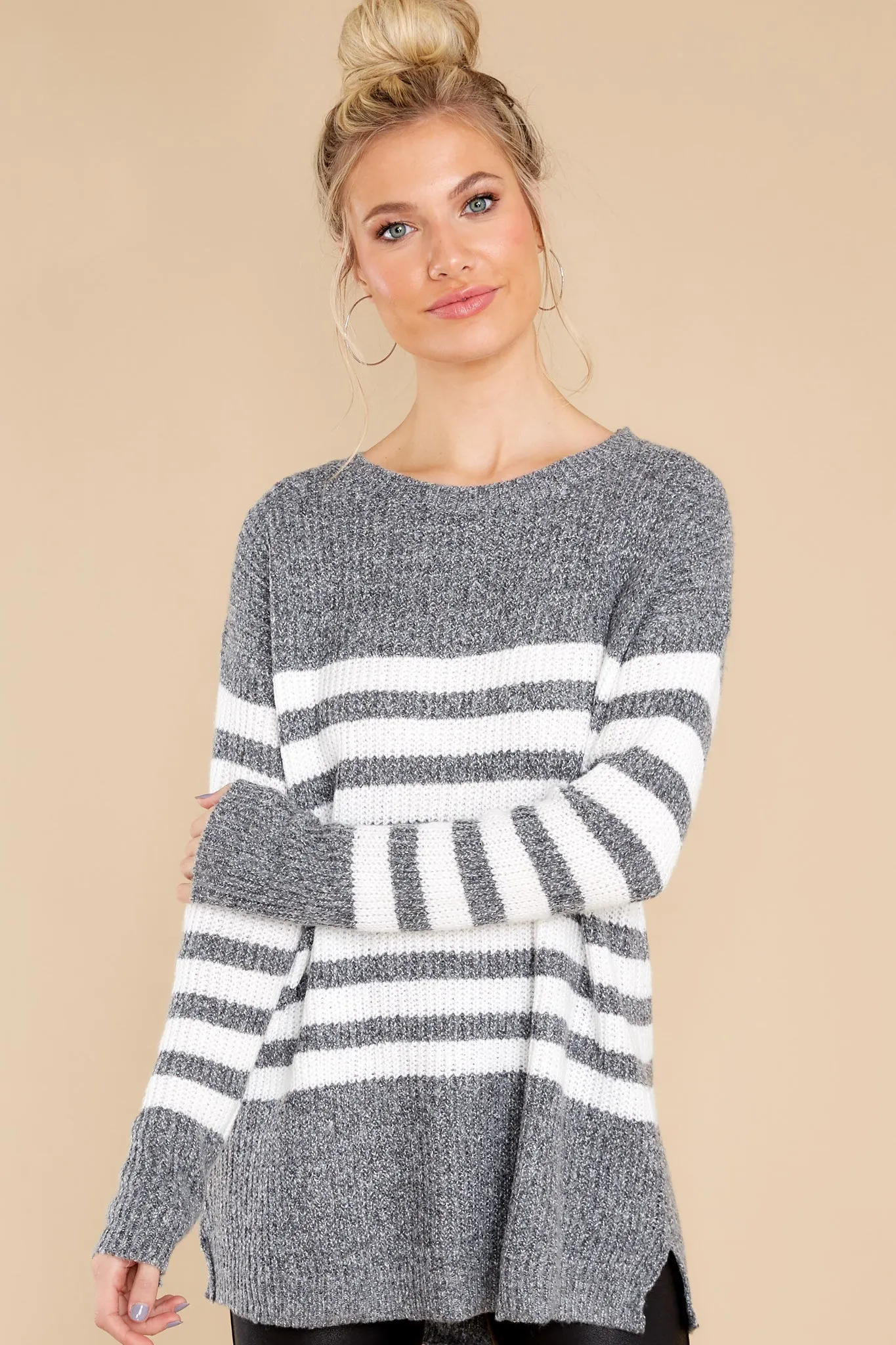 Getting Cozy Grey Stripe Sweater