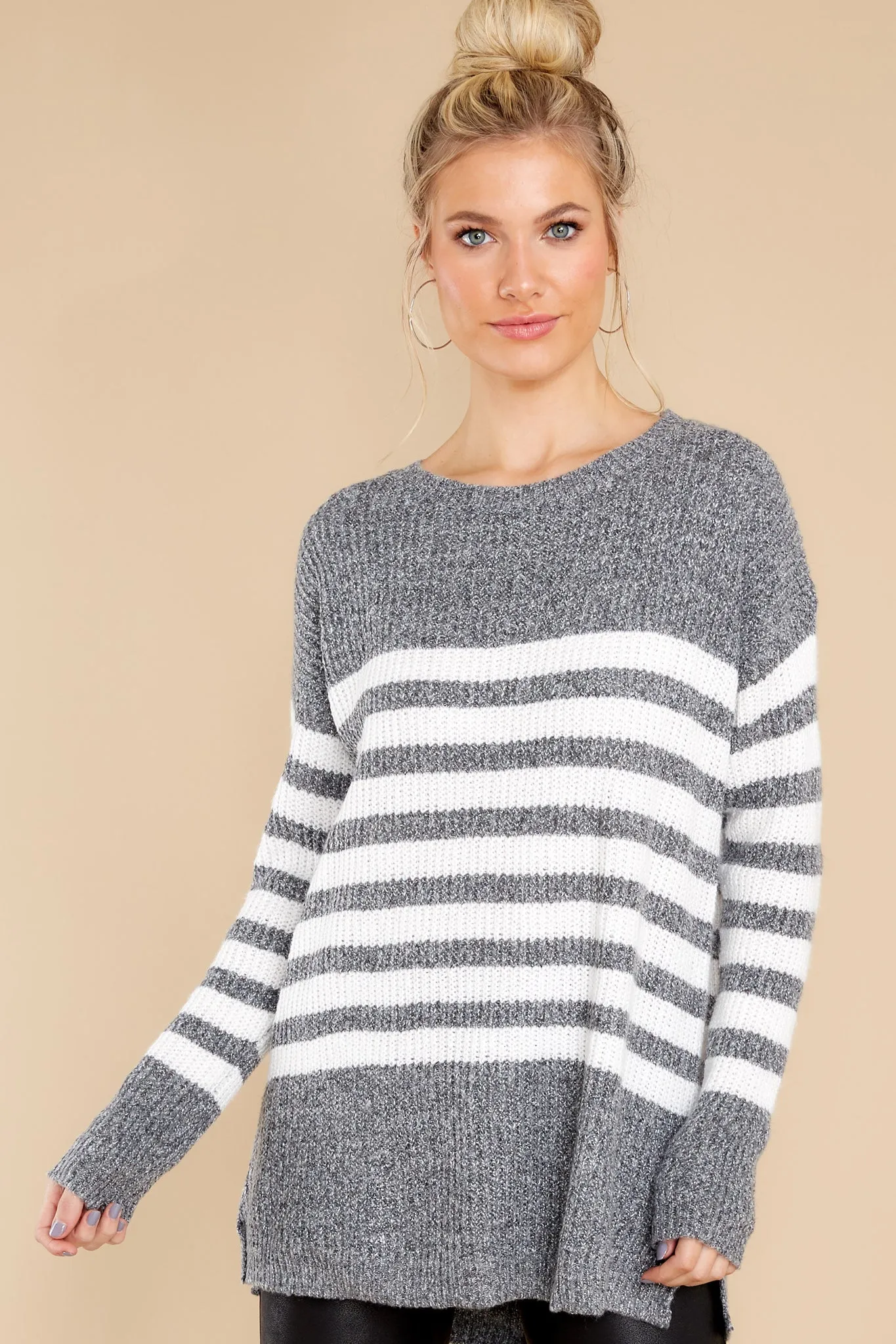 Getting Cozy Grey Stripe Sweater