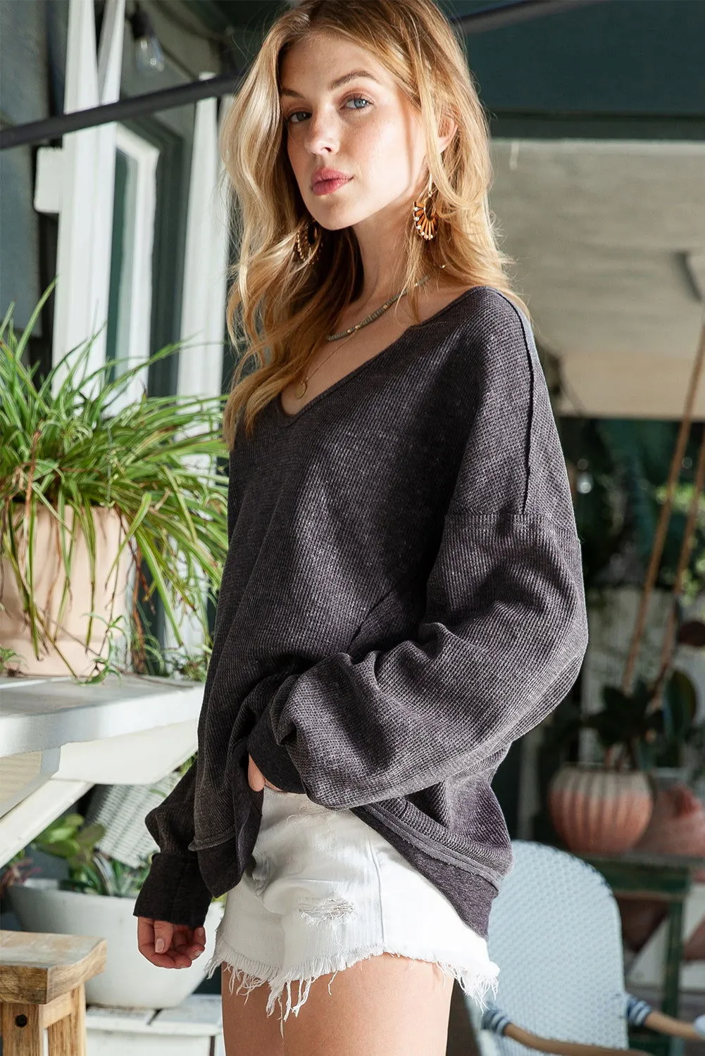 Grey Textured Exposed Seam Pullover Sweatshirt for Women