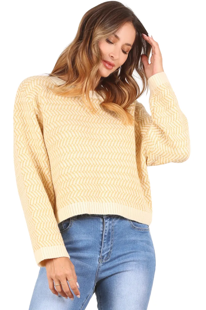 Herringbone Pattern Crew Neck Sweater