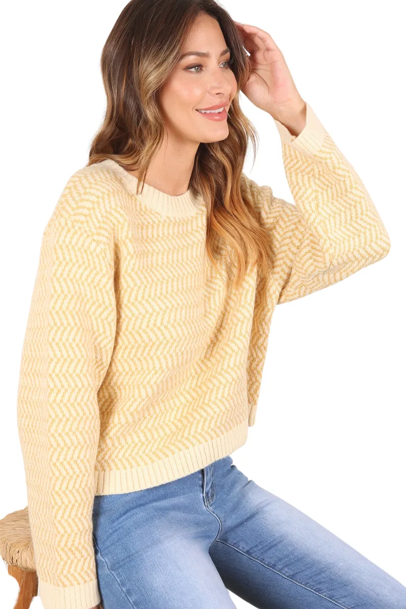 Herringbone Pattern Crew Neck Sweater