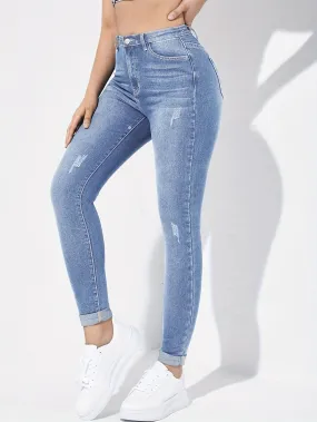 High Rise Skinny Jeans with Ripped Holes for Women