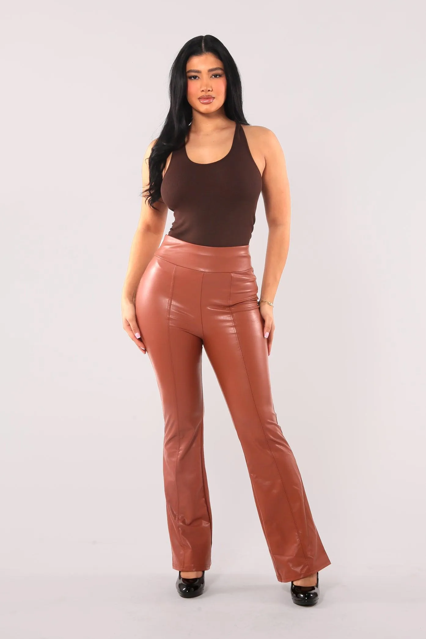 High Waist Sculpting PU Faux Leather Flare Pants - Camel