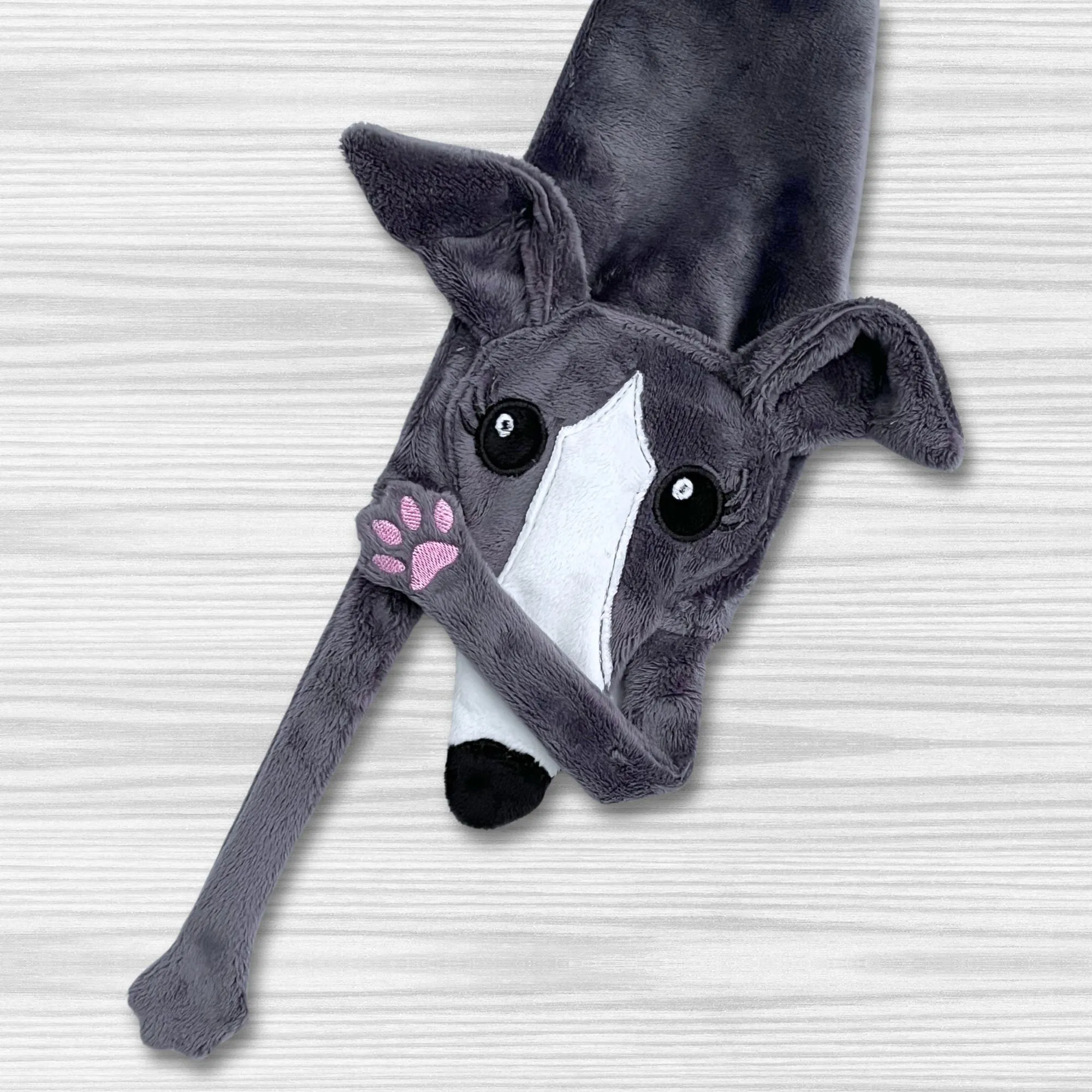 Houndie Cuddler Scarf Greyhound Whippet Grey with Blaze and Eyelashes