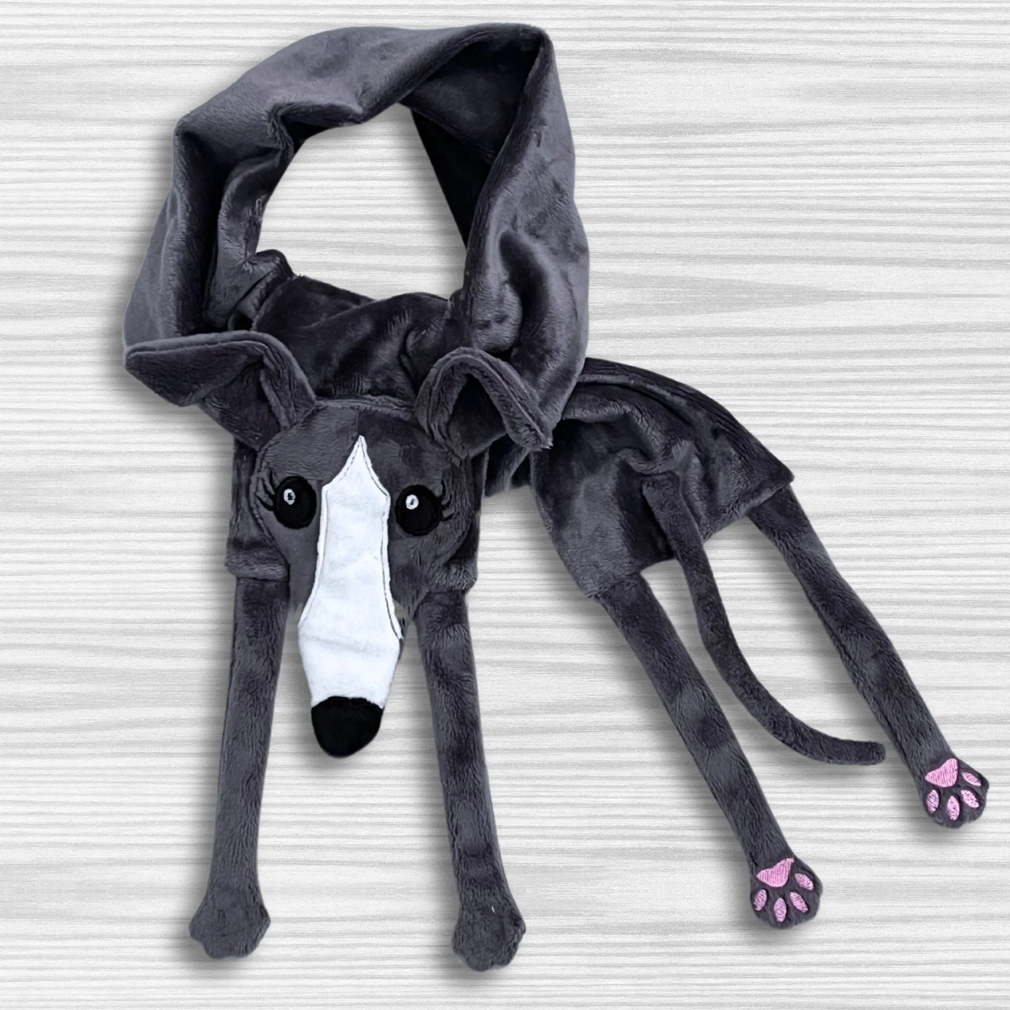 Houndie Cuddler Scarf Greyhound Whippet Grey with Blaze and Eyelashes