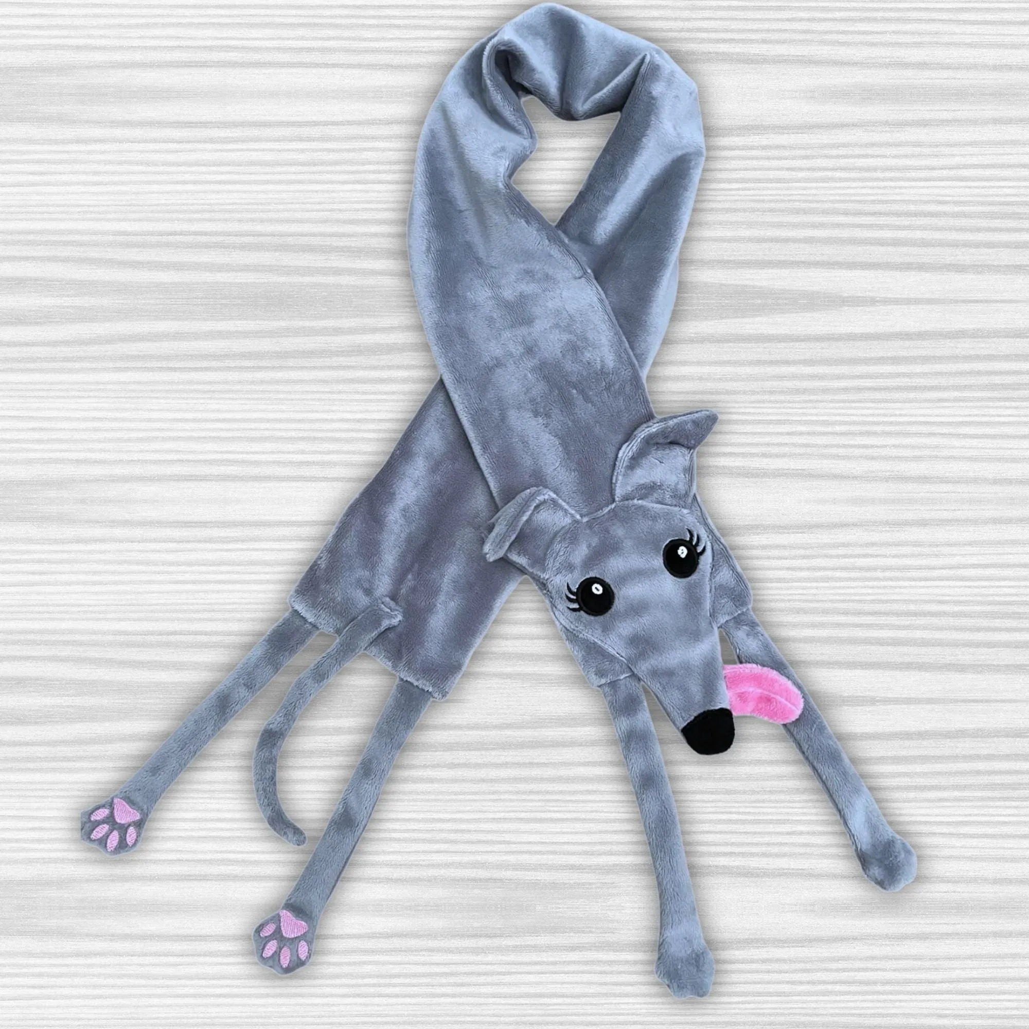 Houndie Cuddler Scarf Greyhound Whippet Light Grey with Eyelashes and Tongue