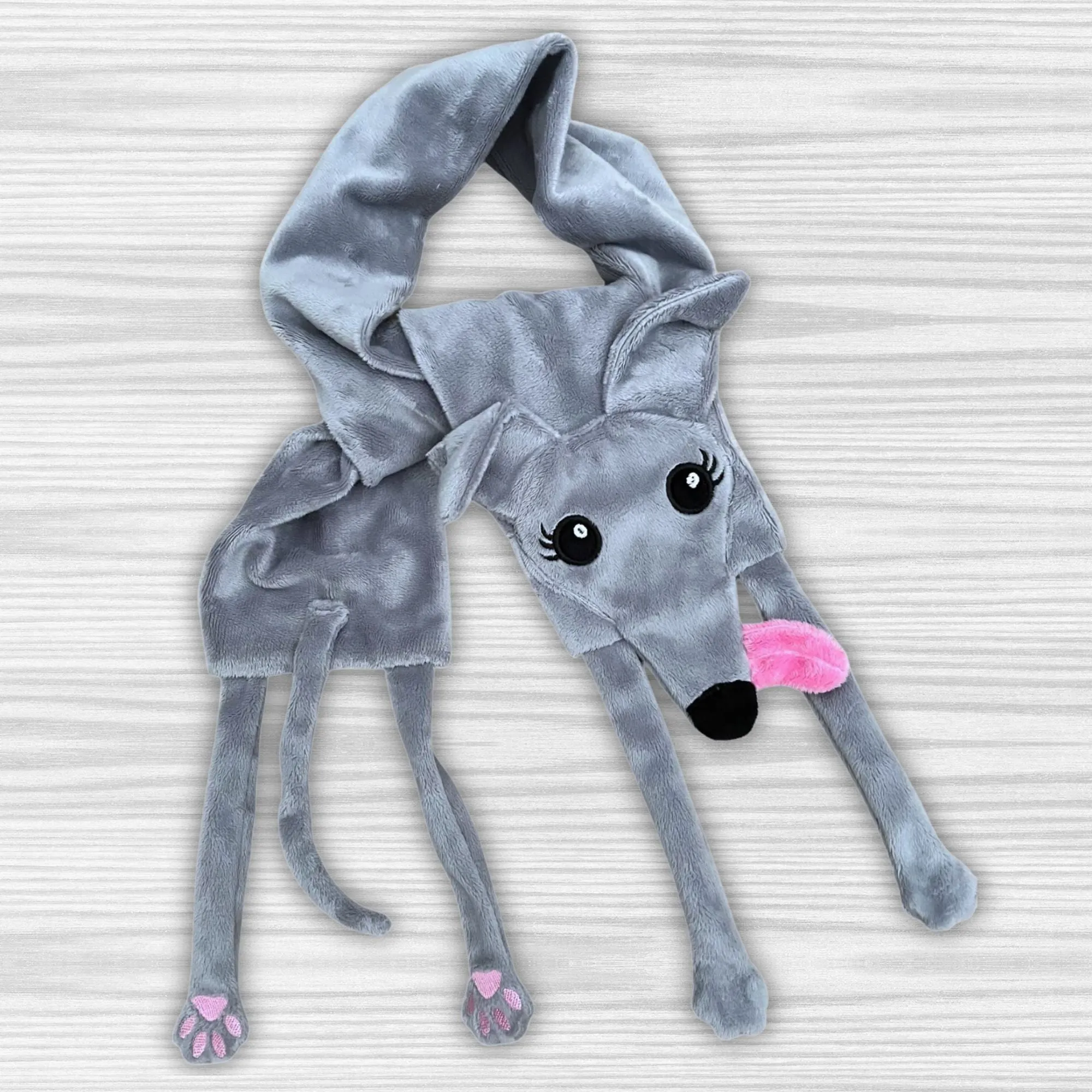 Houndie Cuddler Scarf Greyhound Whippet Light Grey with Eyelashes and Tongue