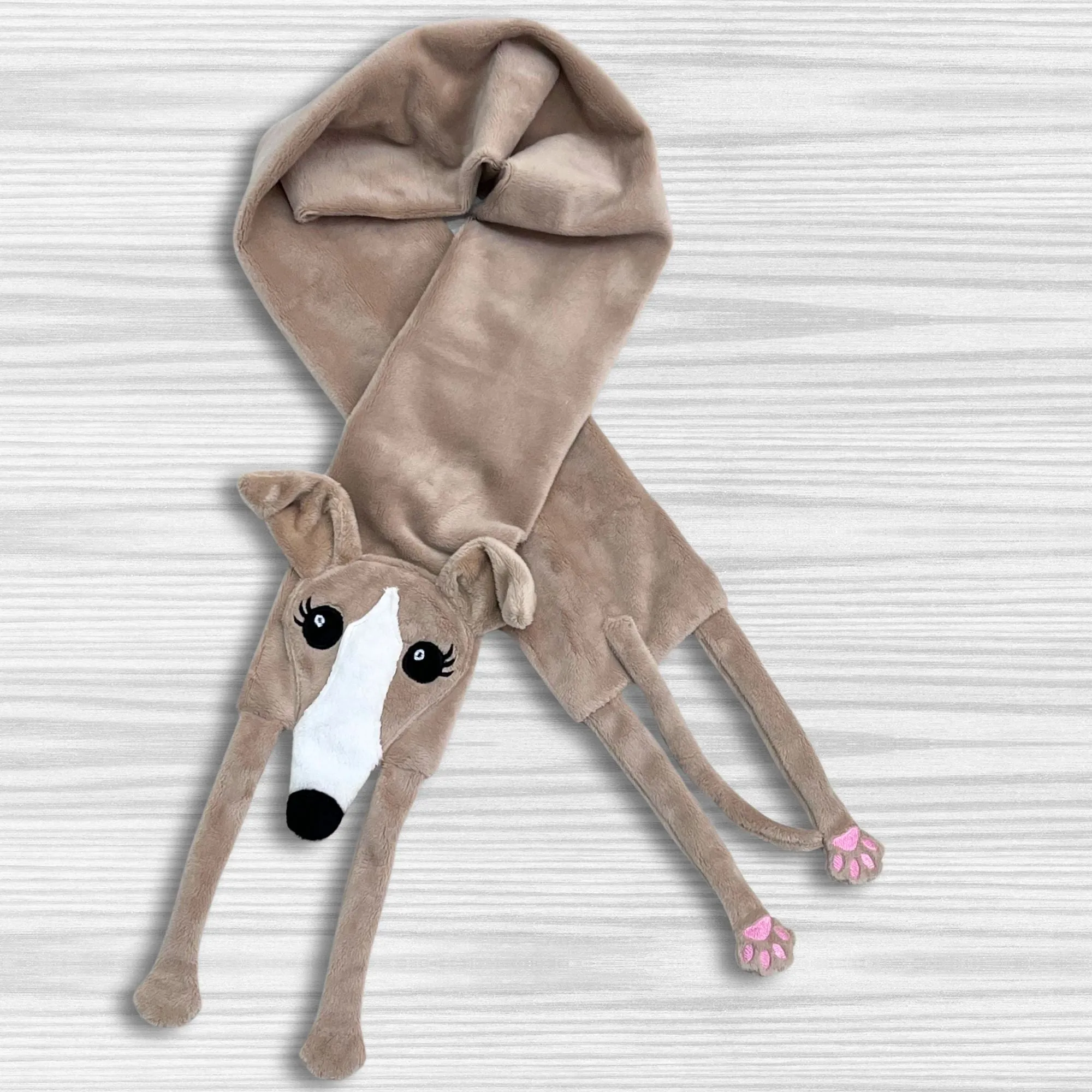 Houndie Cuddler Scarf Greyhound Whippet Tan with Blaze and Eyelashes