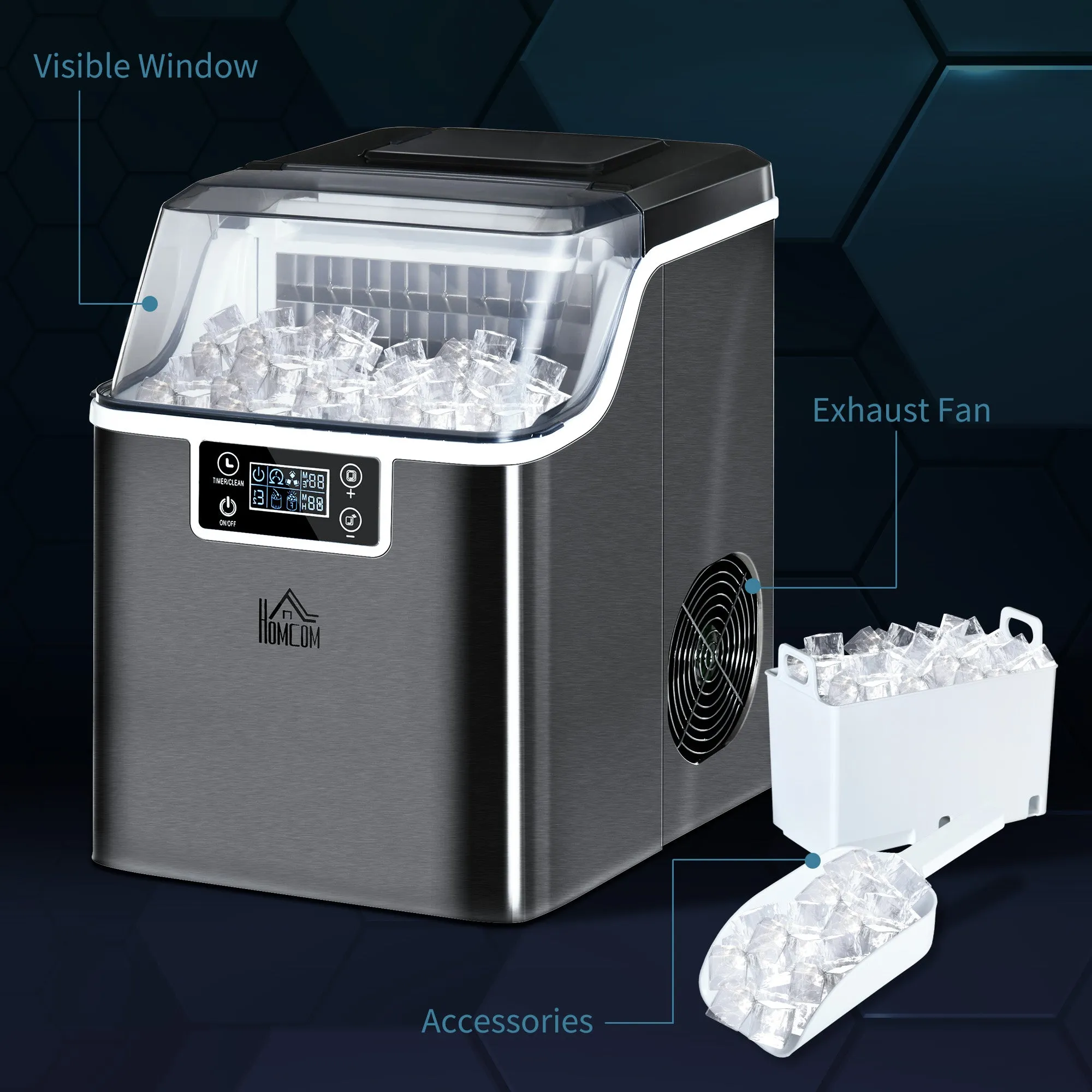 Ice Maker Machine Countertop, 20Kg in 24 Hrs, 24 Cubes Ready in 14-18Mins, Stainless Steel Ice Cube Maker, 3.2L w/ Adjustable