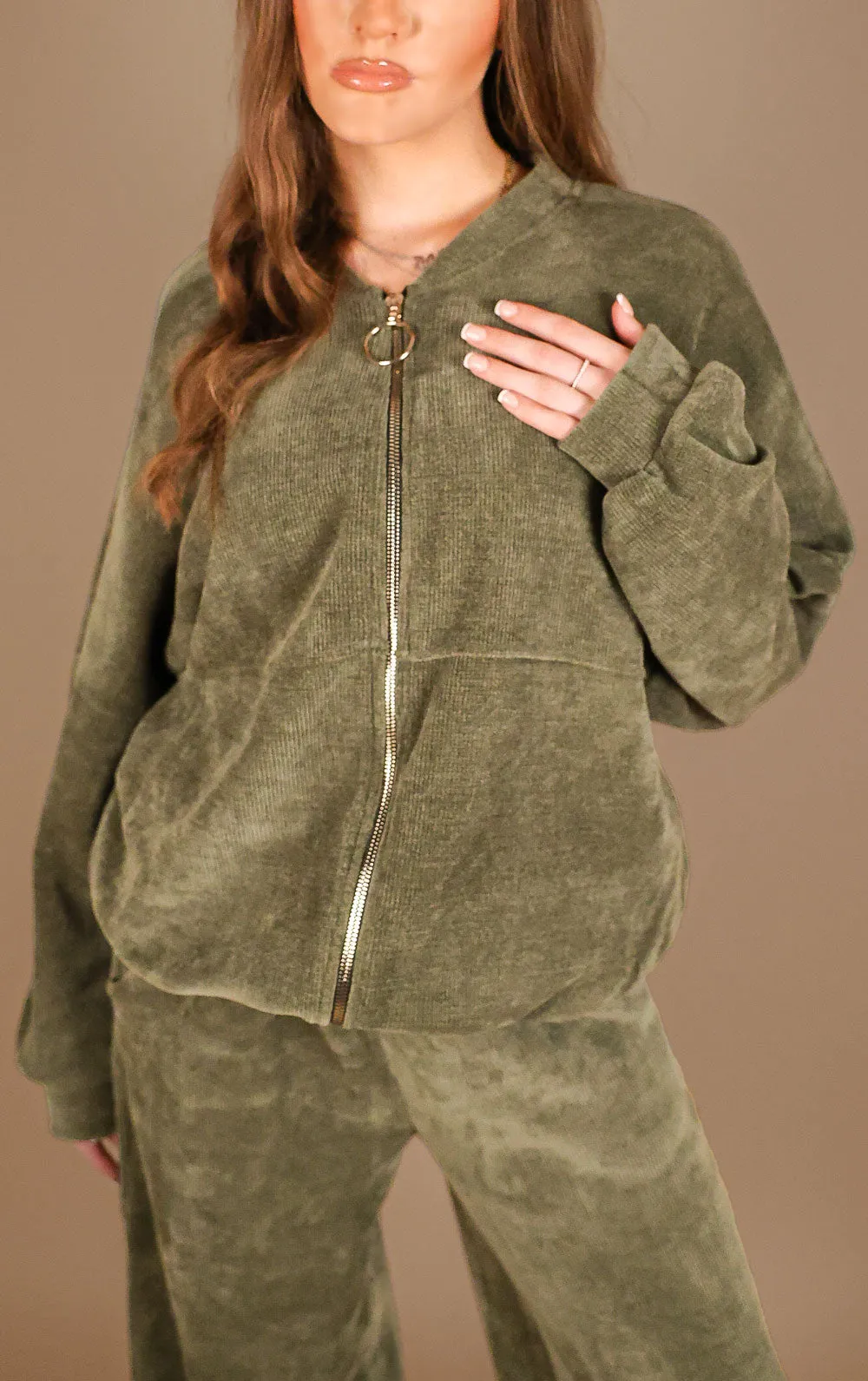 Khaki Straight Leg Trouser and Zip Up Hoodie Loungewear Co-Ord