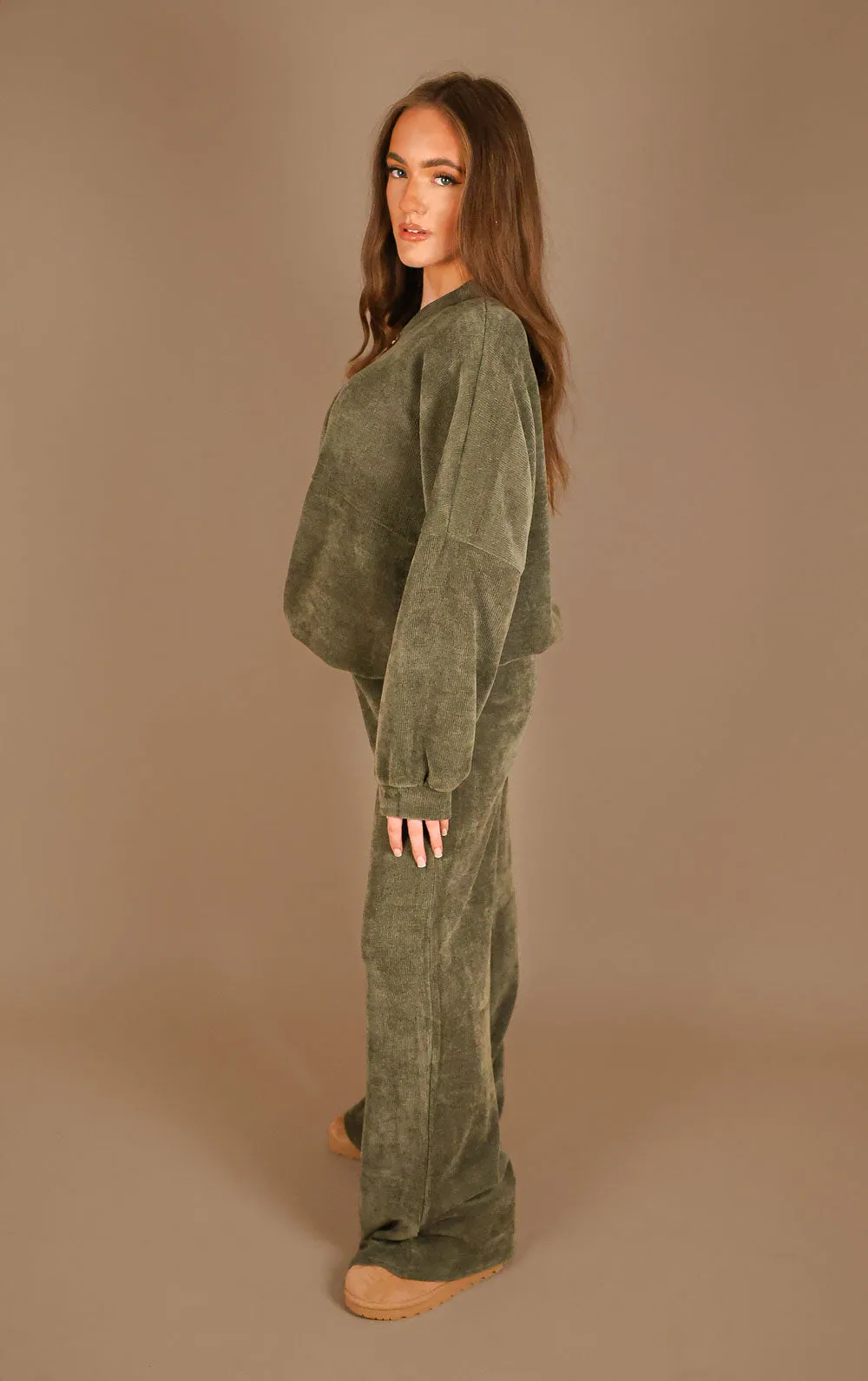 Khaki Straight Leg Trouser and Zip Up Hoodie Loungewear Co-Ord