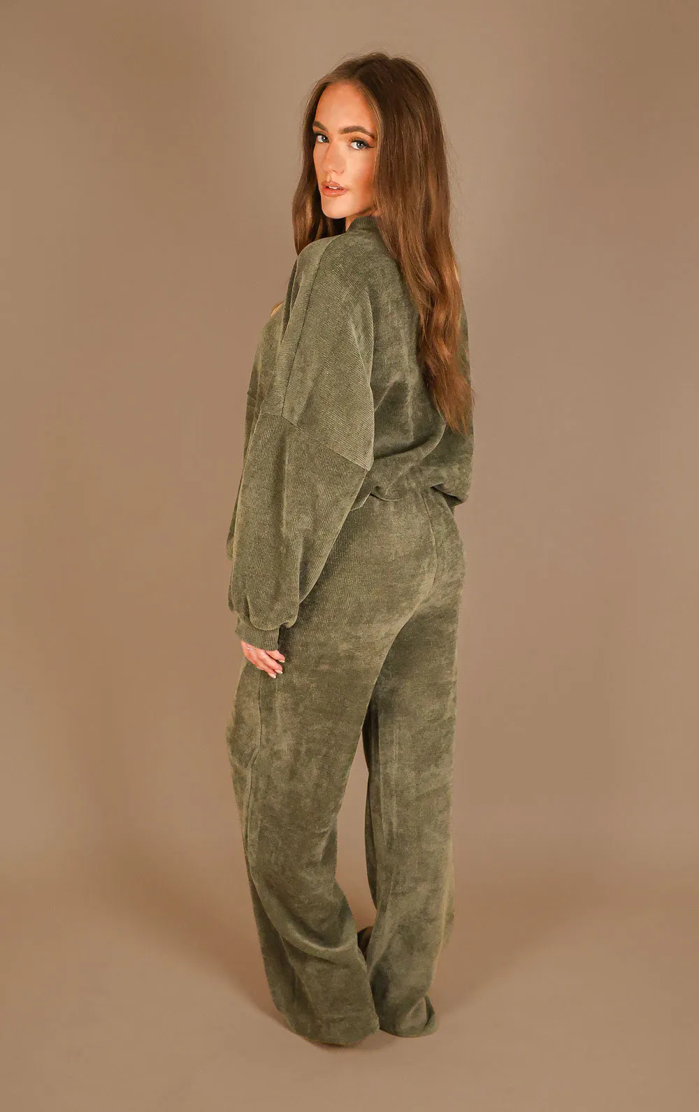 Khaki Straight Leg Trouser and Zip Up Hoodie Loungewear Co-Ord