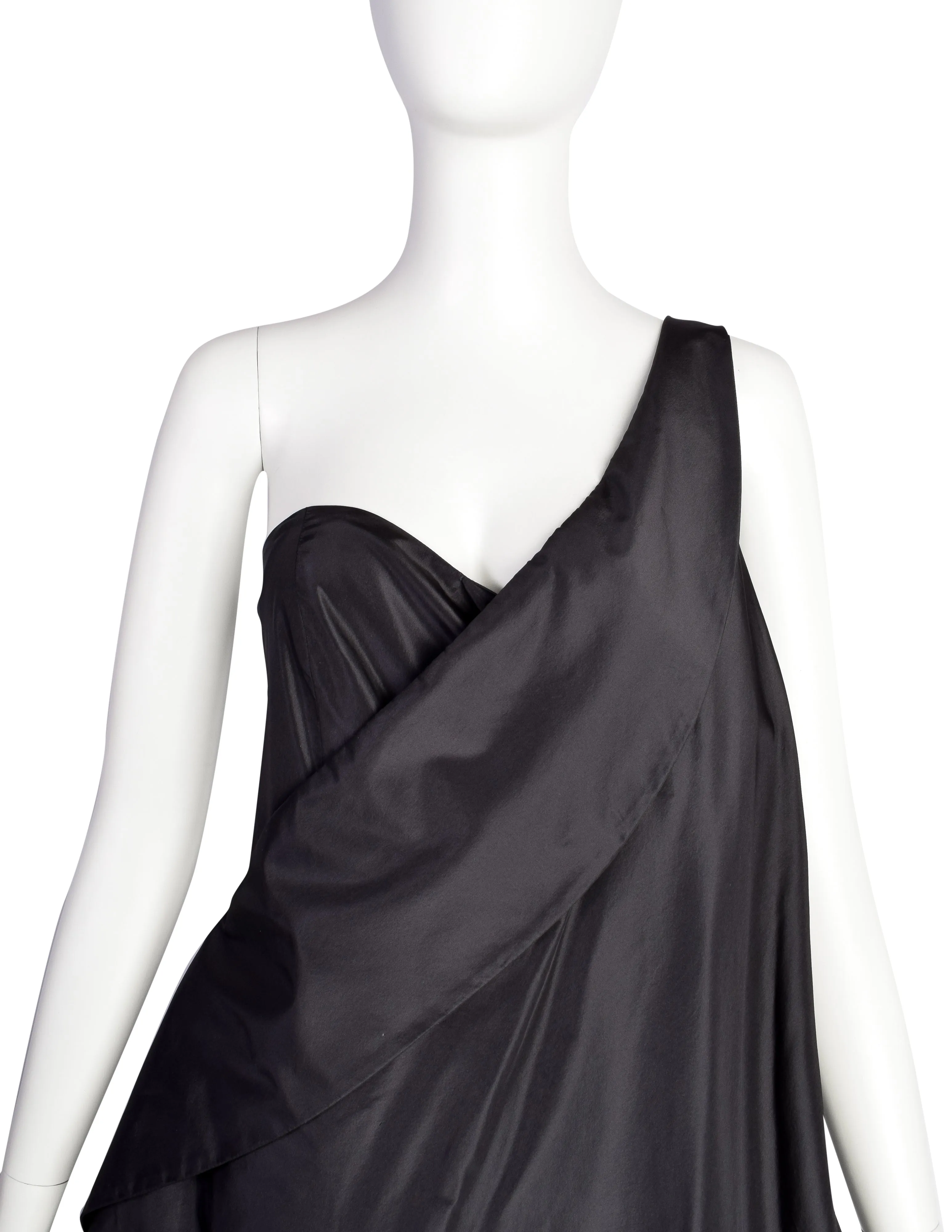 Krizia Vintage Archival Black Silk Taffeta Palazzo One Shoulder Jumpsuit