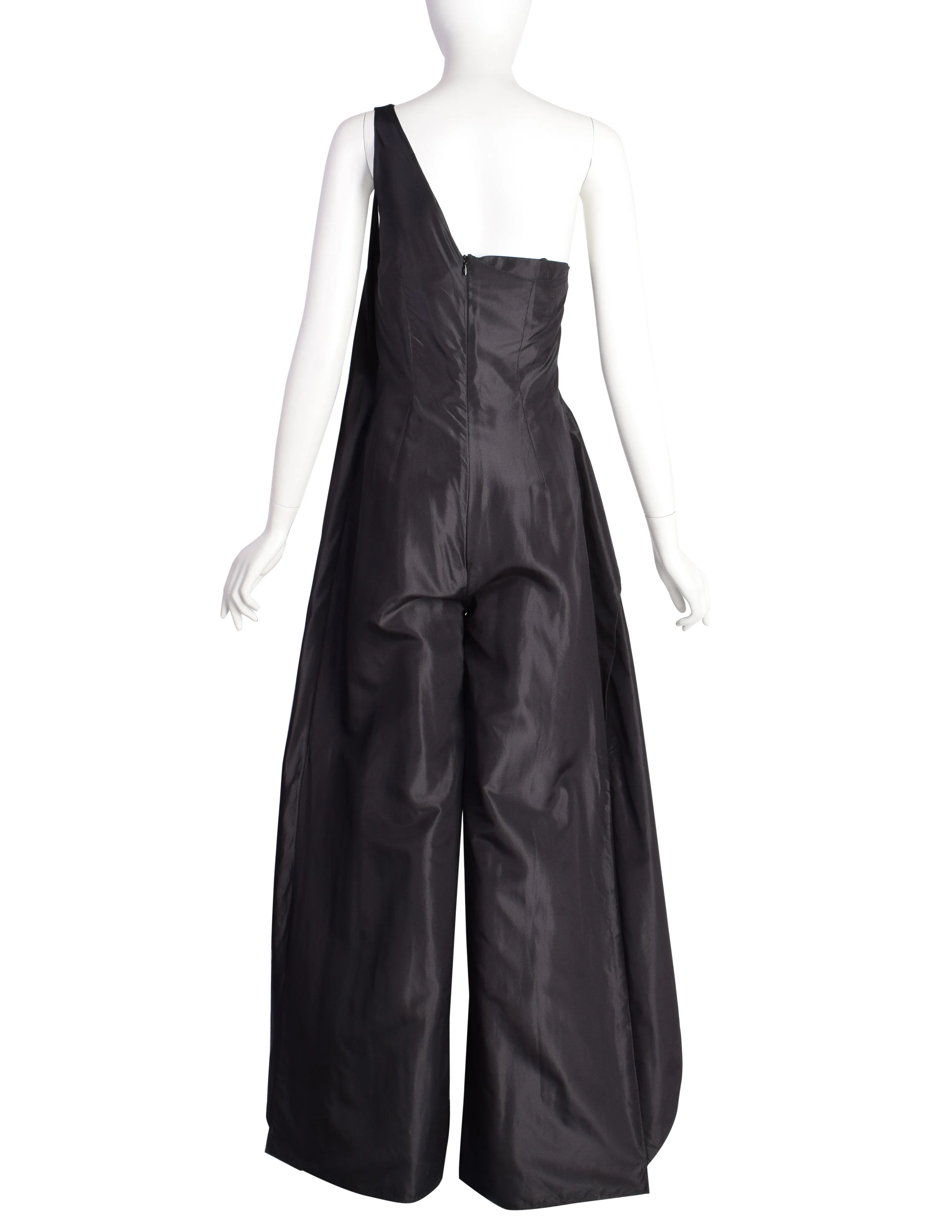 Krizia Vintage Archival Black Silk Taffeta Palazzo One Shoulder Jumpsuit