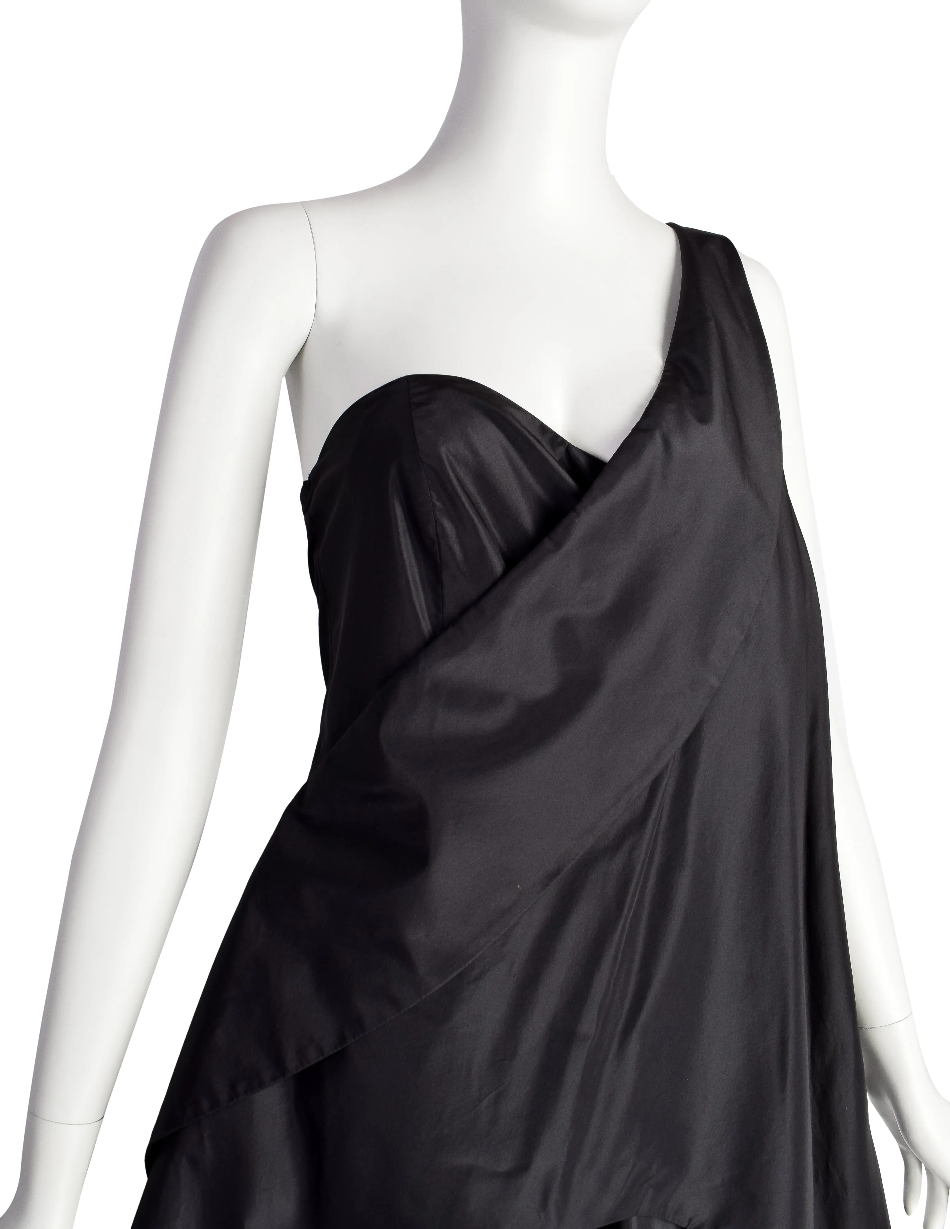 Krizia Vintage Archival Black Silk Taffeta Palazzo One Shoulder Jumpsuit