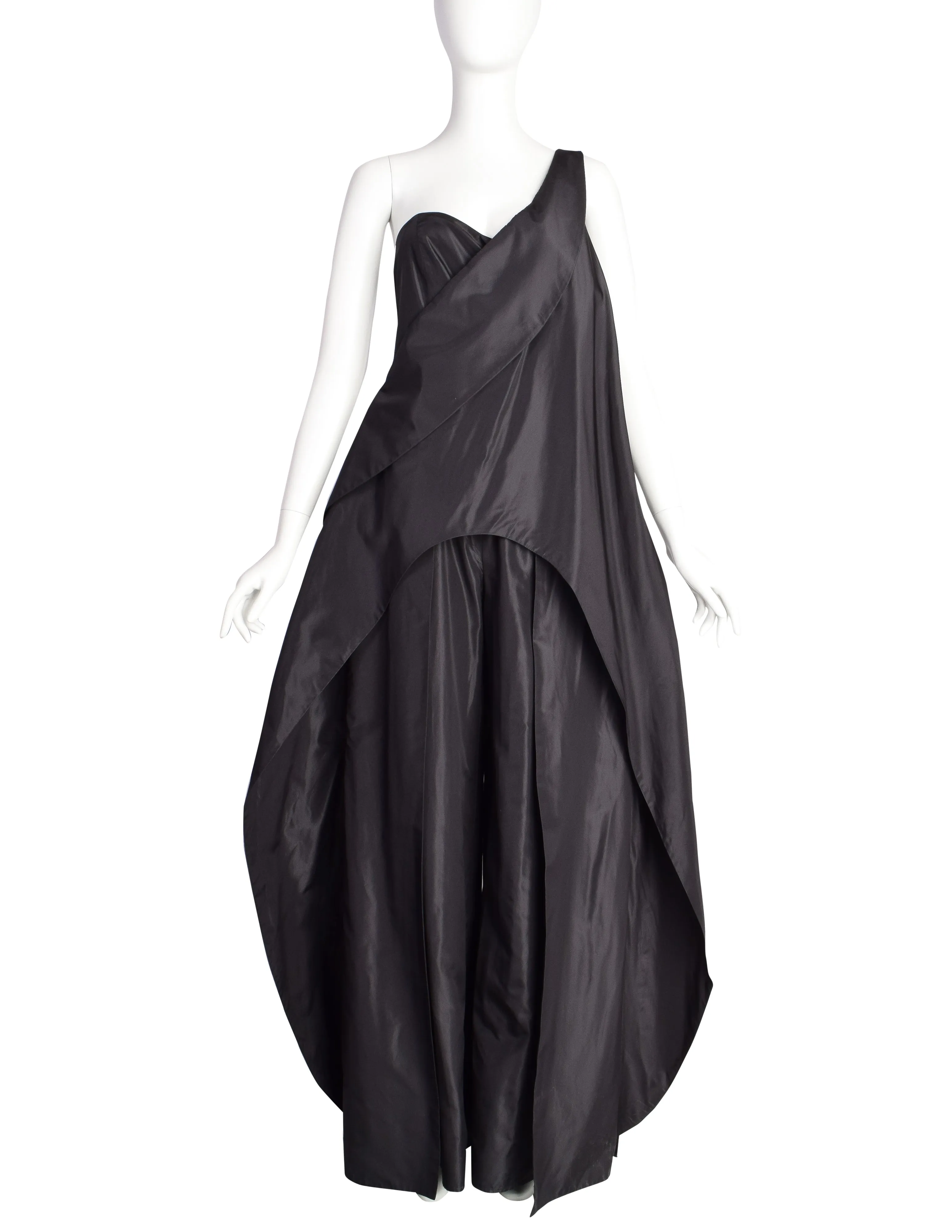 Krizia Vintage Archival Black Silk Taffeta Palazzo One Shoulder Jumpsuit