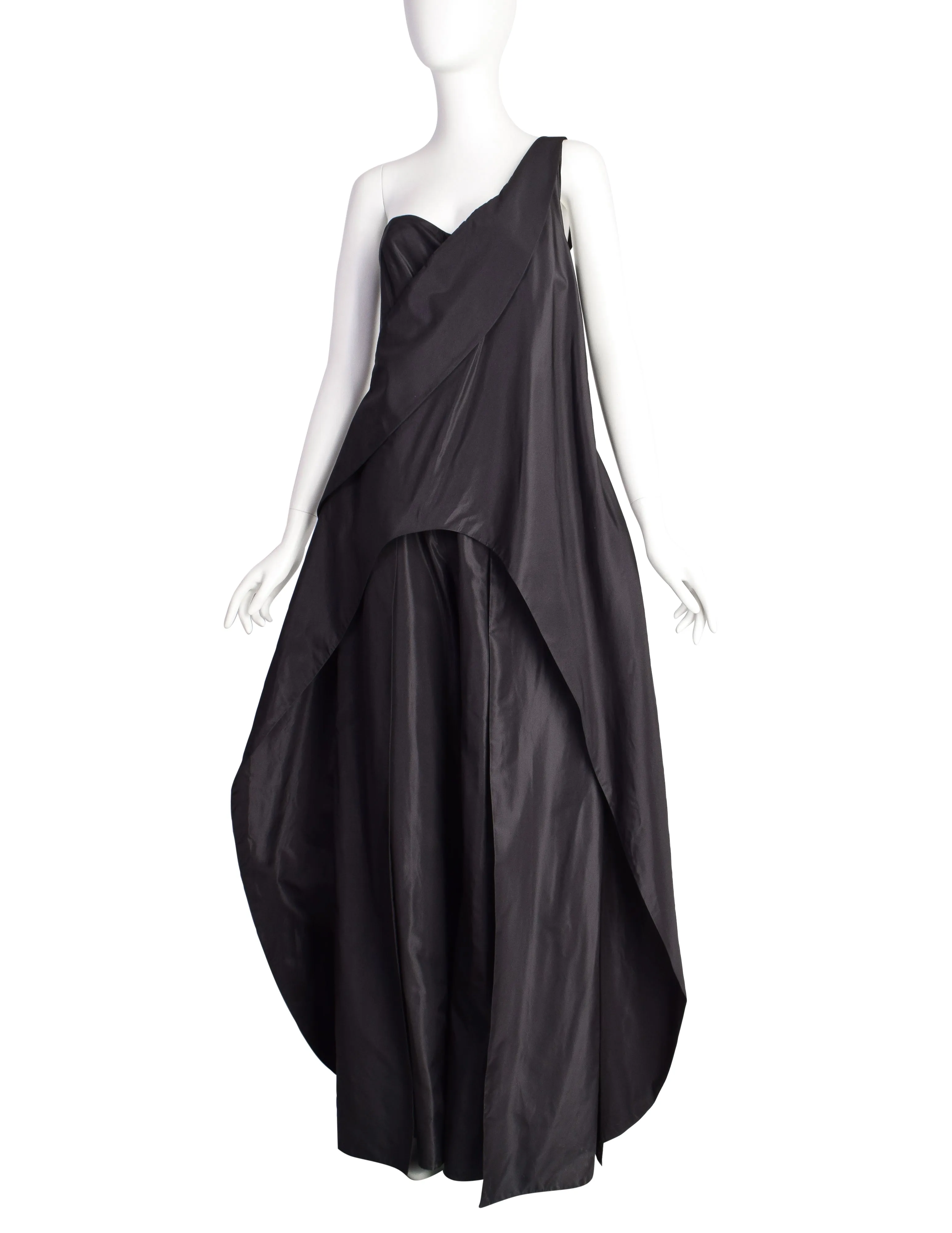 Krizia Vintage Archival Black Silk Taffeta Palazzo One Shoulder Jumpsuit