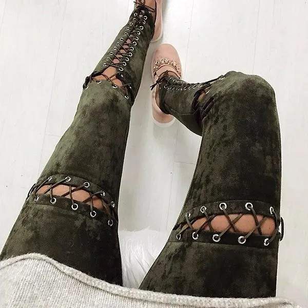 Lace Green Eyelet Faux Suede Pants