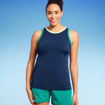 Lands' End Women's UPF 50 High Neck with Binding Tankini Top - Navy Blue L