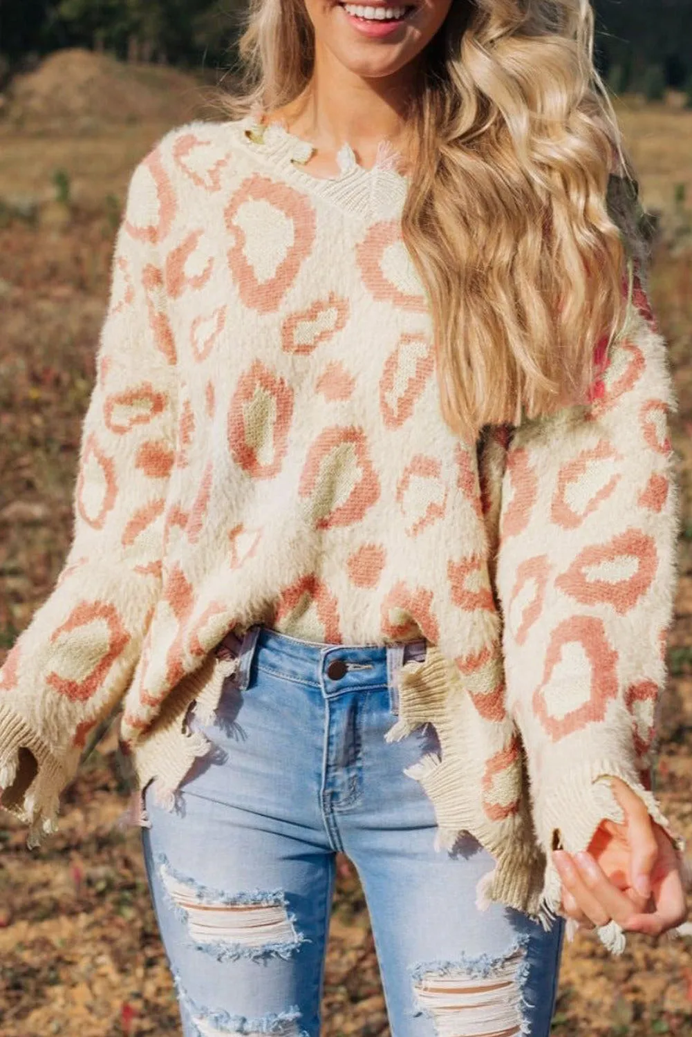 Leopard Distressed Ribbed Trim Contrast Furry Sweater