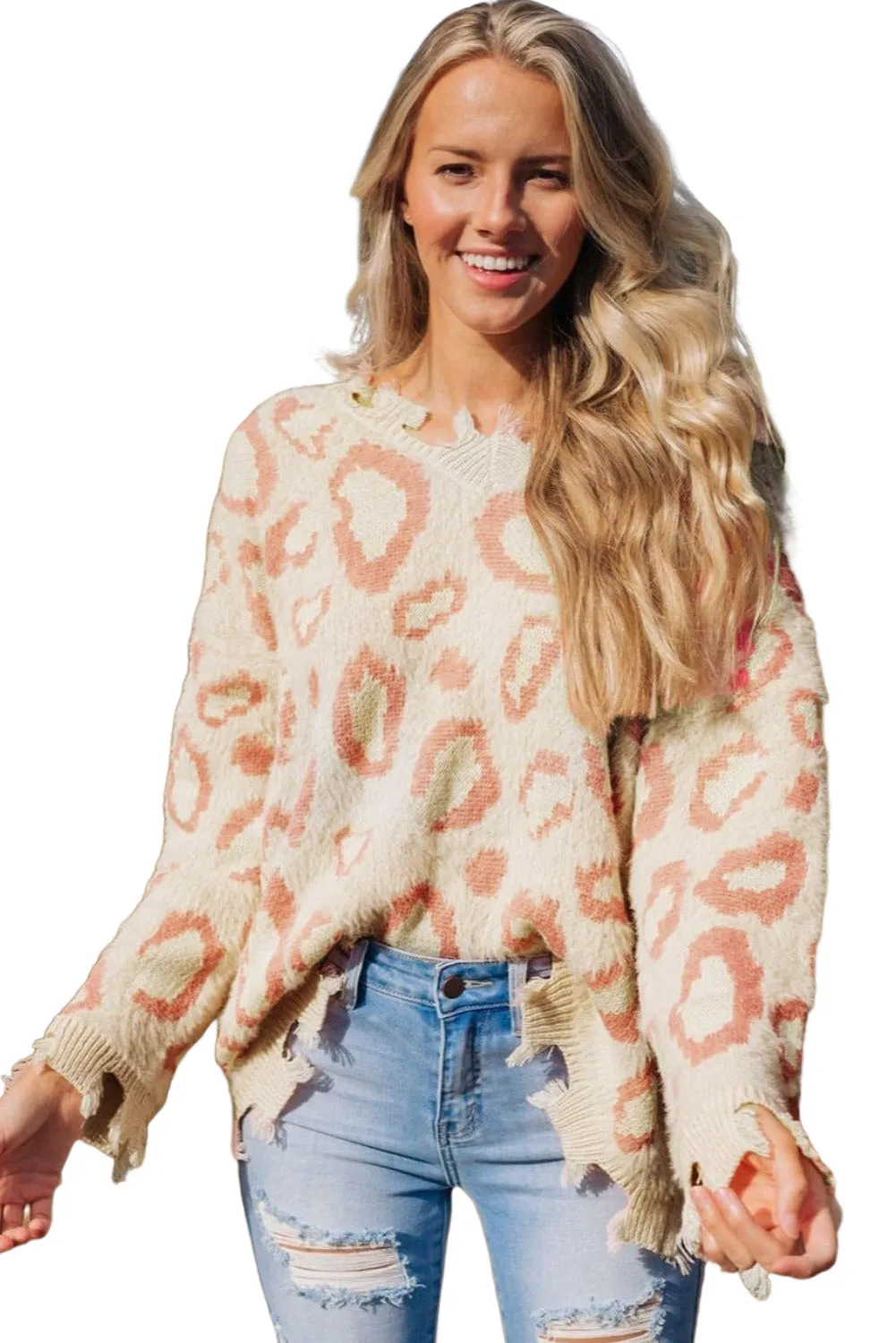 Leopard Distressed Ribbed Trim Contrast Furry Sweater