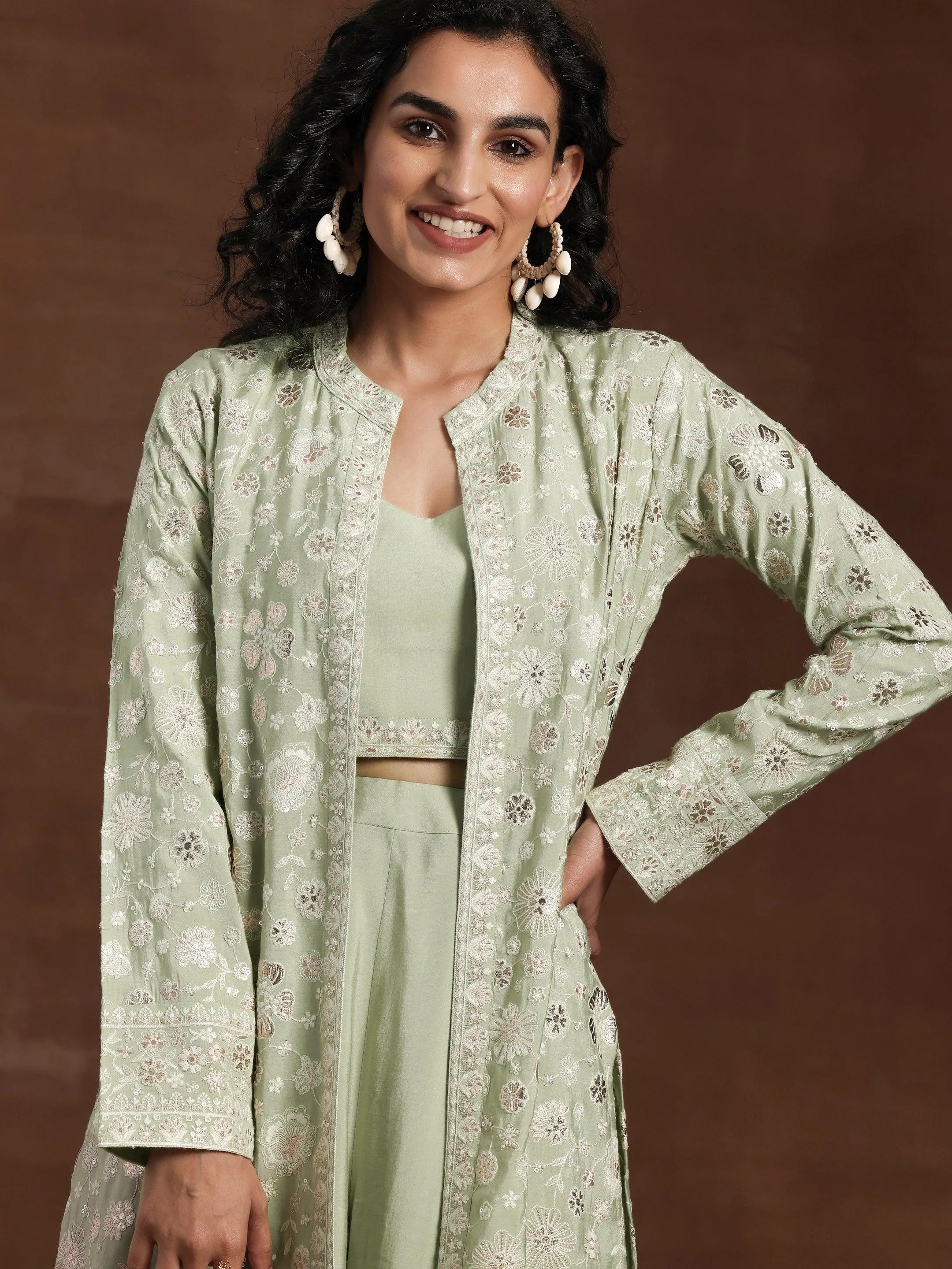 Libas Art Green Solid Silk Blend 3 Piece Co-Ords