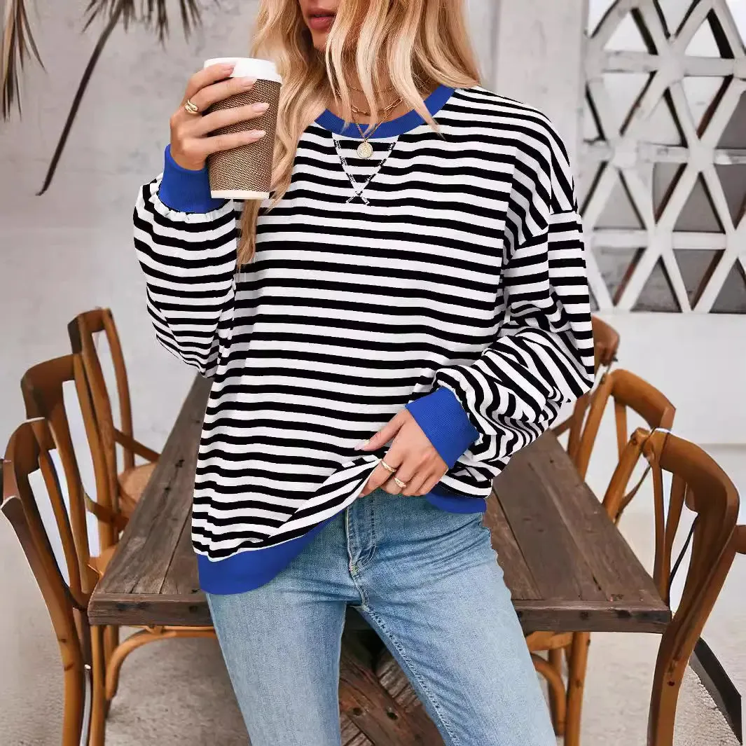 Loose Striped Long Sleeve T-shirt Casual Pullover Sweater For Womens Clothing