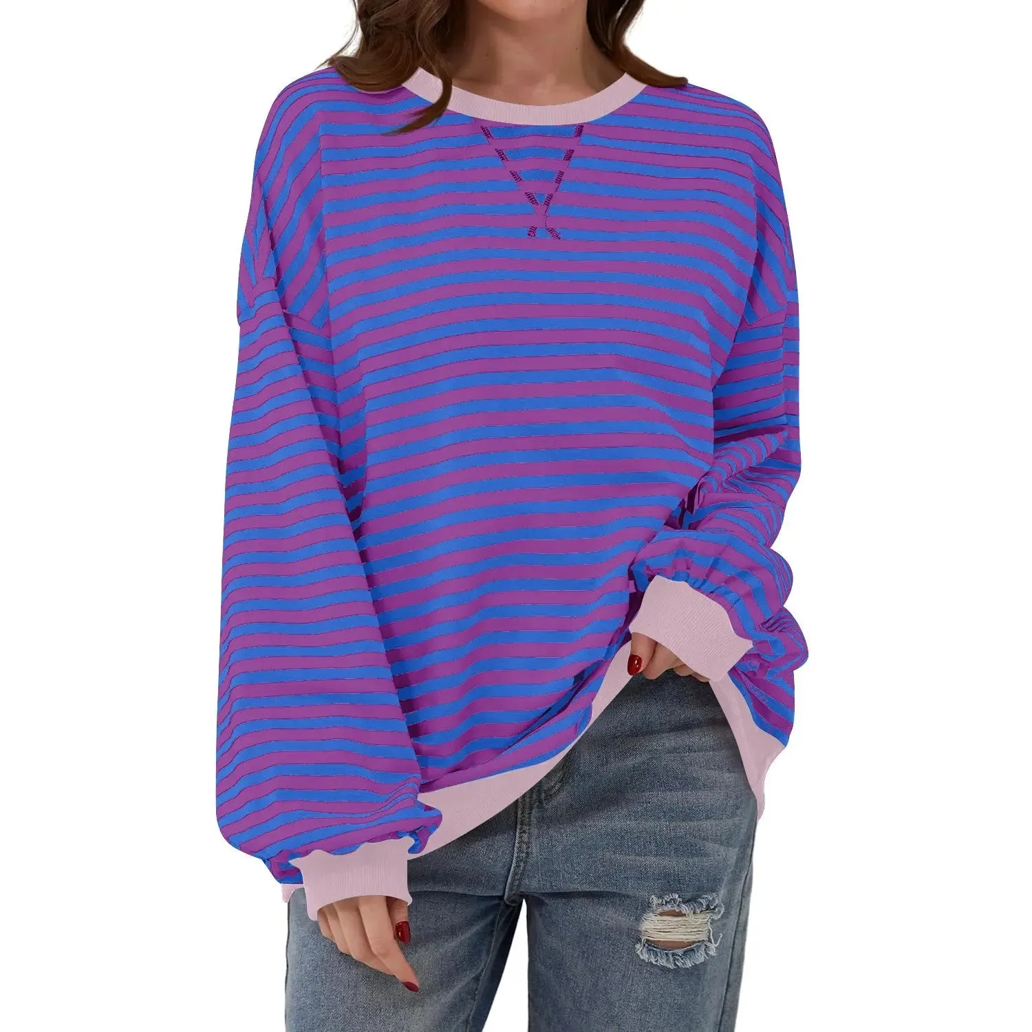 Loose Striped Long Sleeve T-shirt Casual Pullover Sweater For Womens Clothing