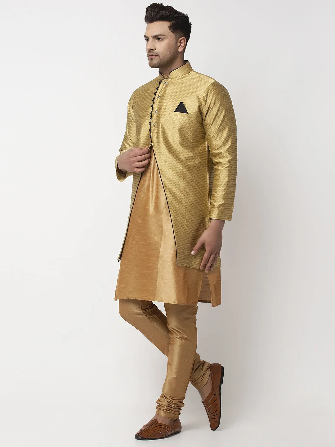 Men's Copper Kurta With Pyjama & Gold Self Design Jacket - Benstoke