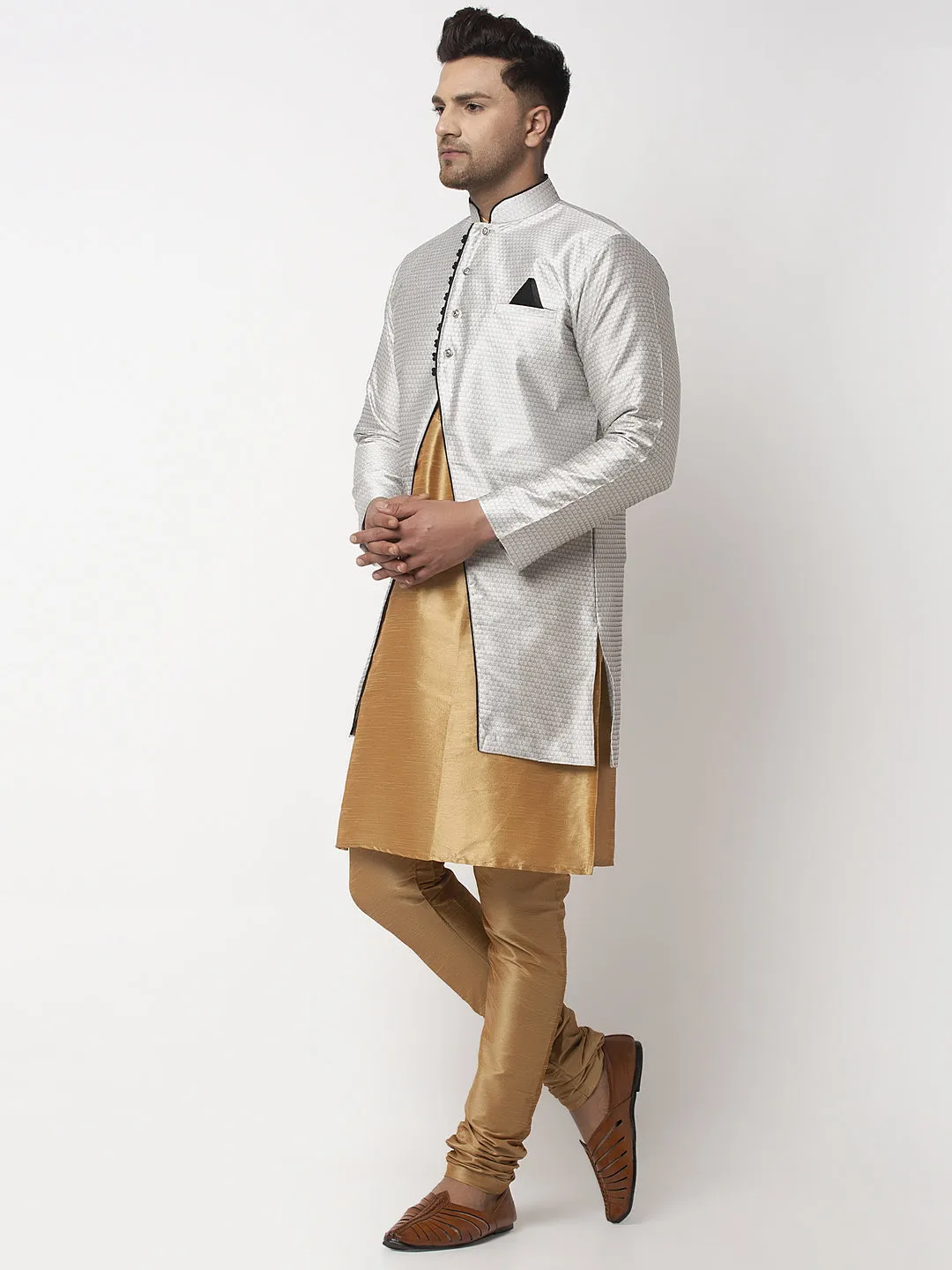 Men's Copper Kurta With Pyjama & Grey Self Design Jacket - Benstoke