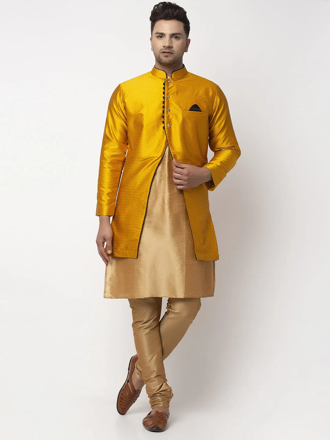 Men's Copper Kurta With Pyjama & Mustard Self Design Jacket - Benstoke