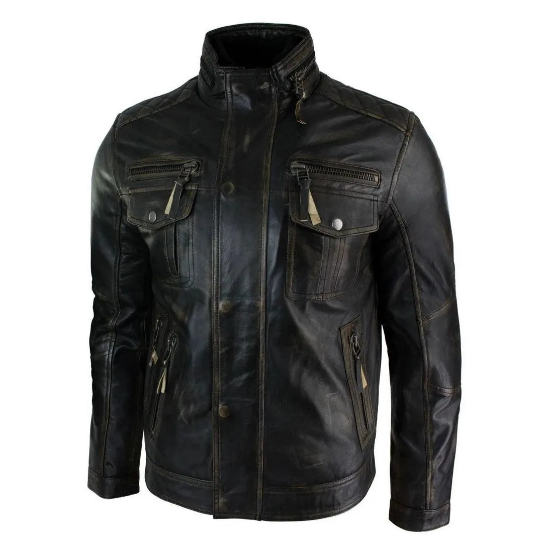 Mens Distressed Ruboff Black Brown Vintage Retro Military Leather Jacket Casual