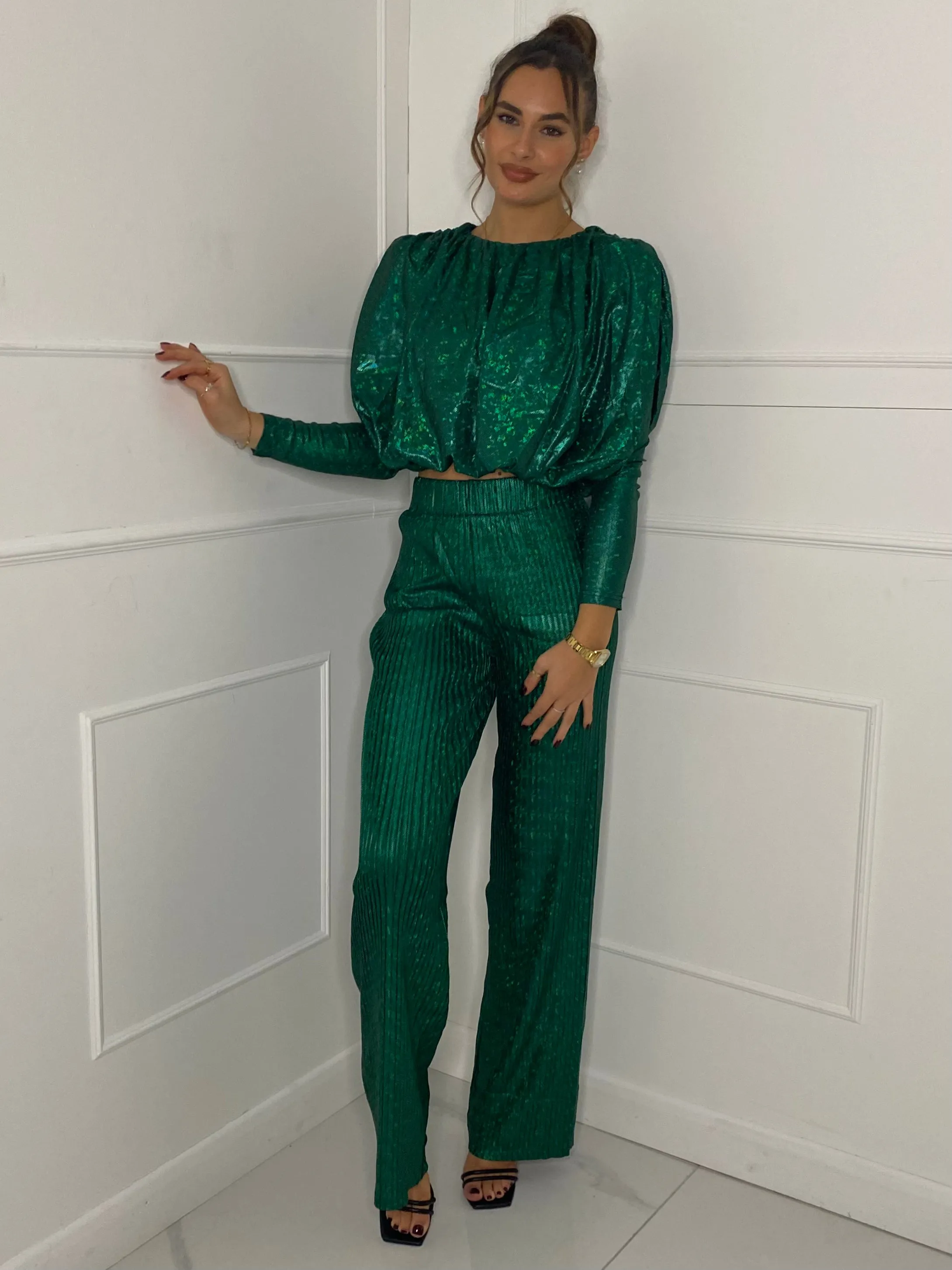 Metallic Look Top & Flares Co-Ord - Green