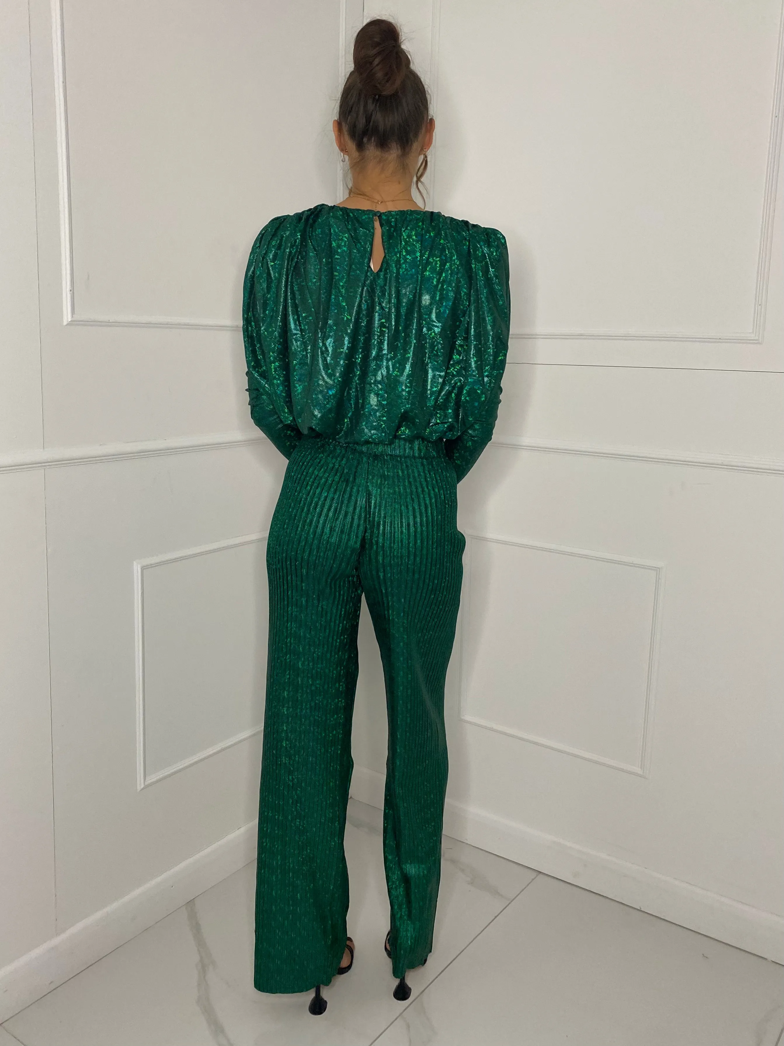 Metallic Look Top & Flares Co-Ord - Green