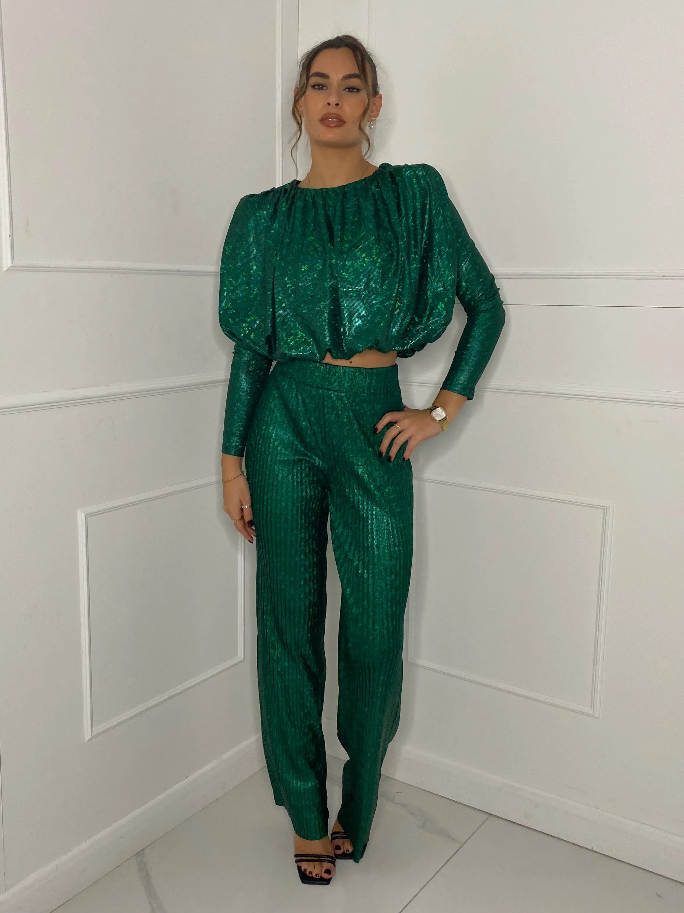 Metallic Look Top & Flares Co-Ord - Green