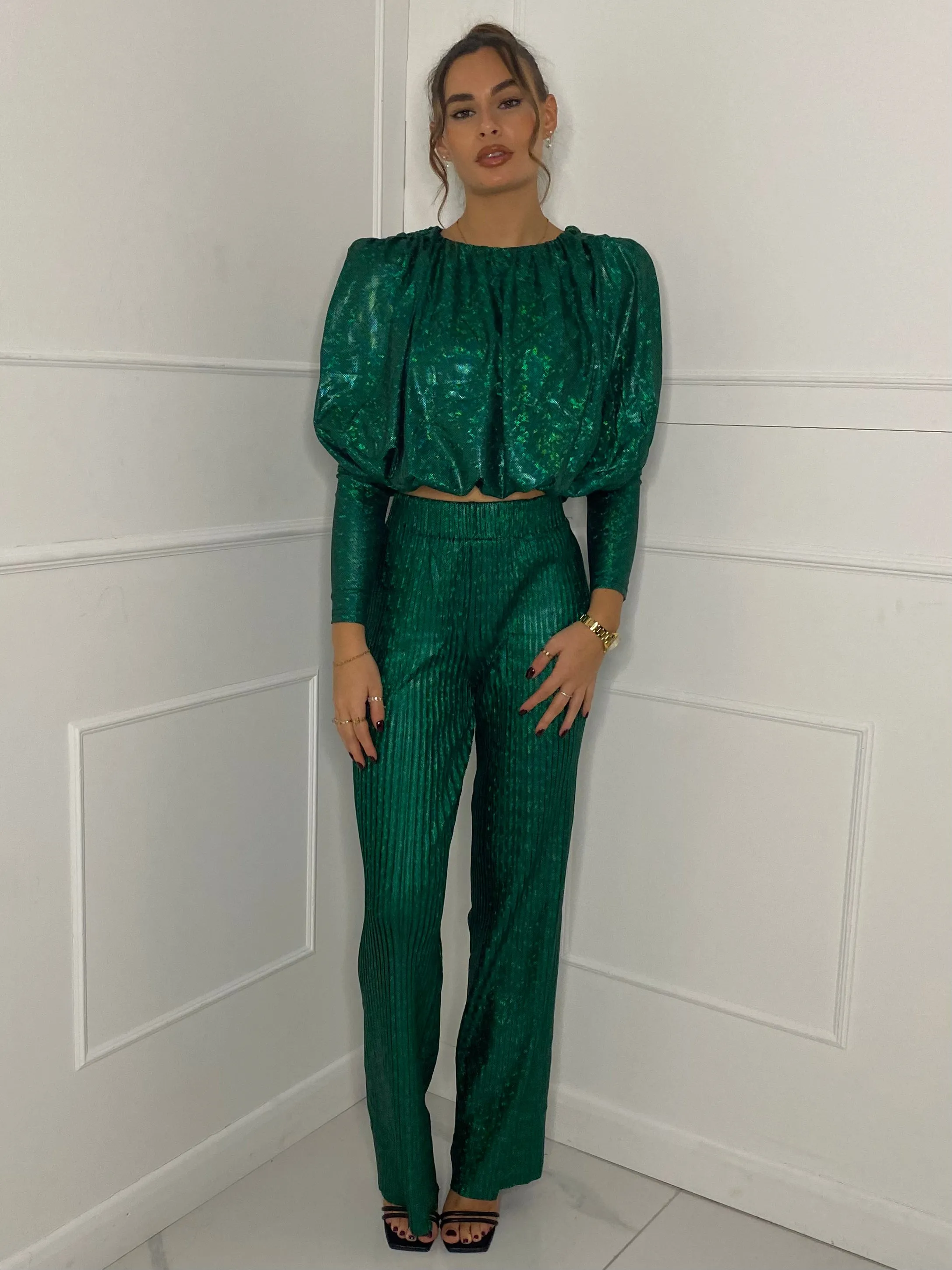 Metallic Look Top & Flares Co-Ord - Green