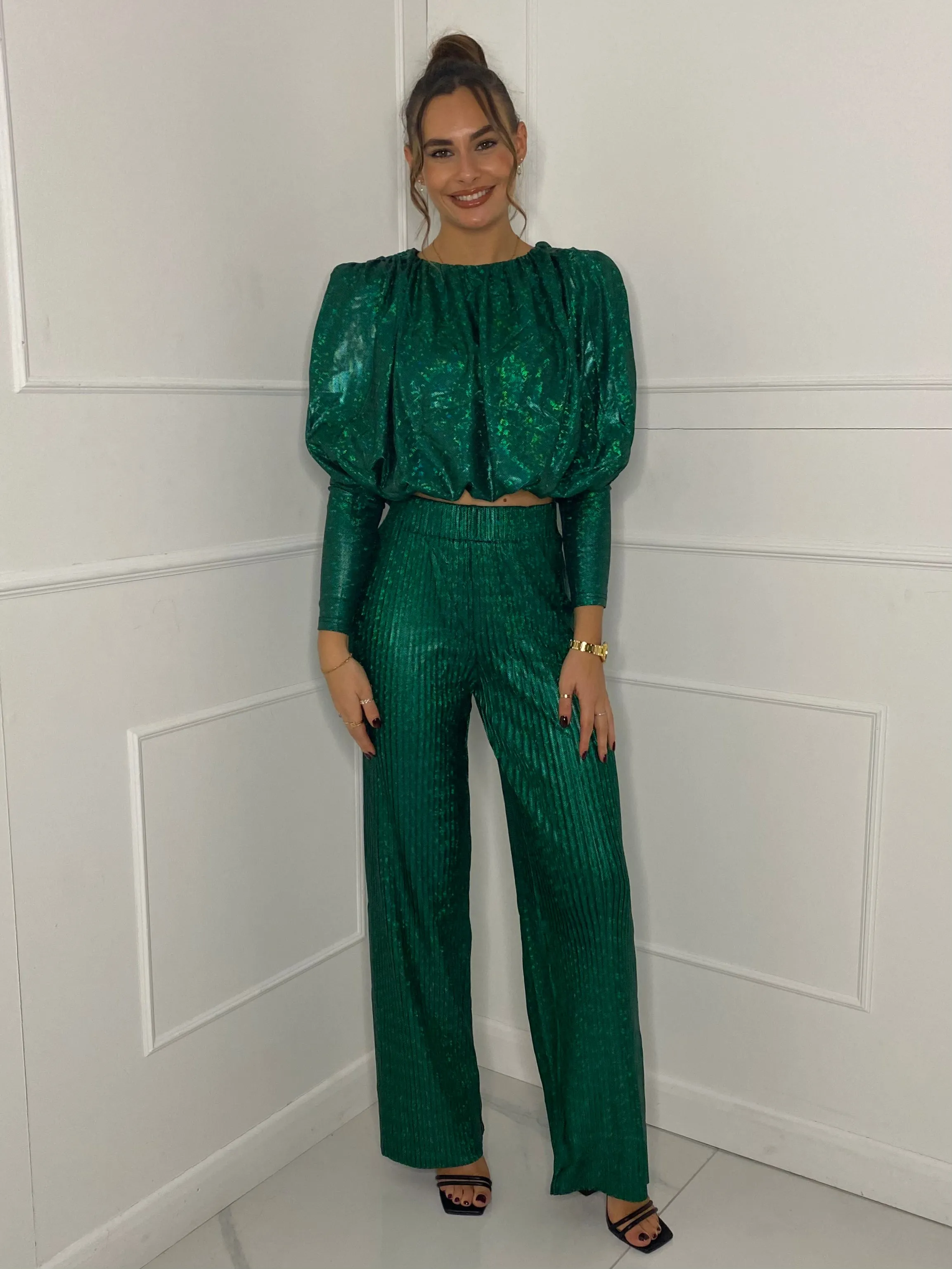 Metallic Look Top & Flares Co-Ord - Green